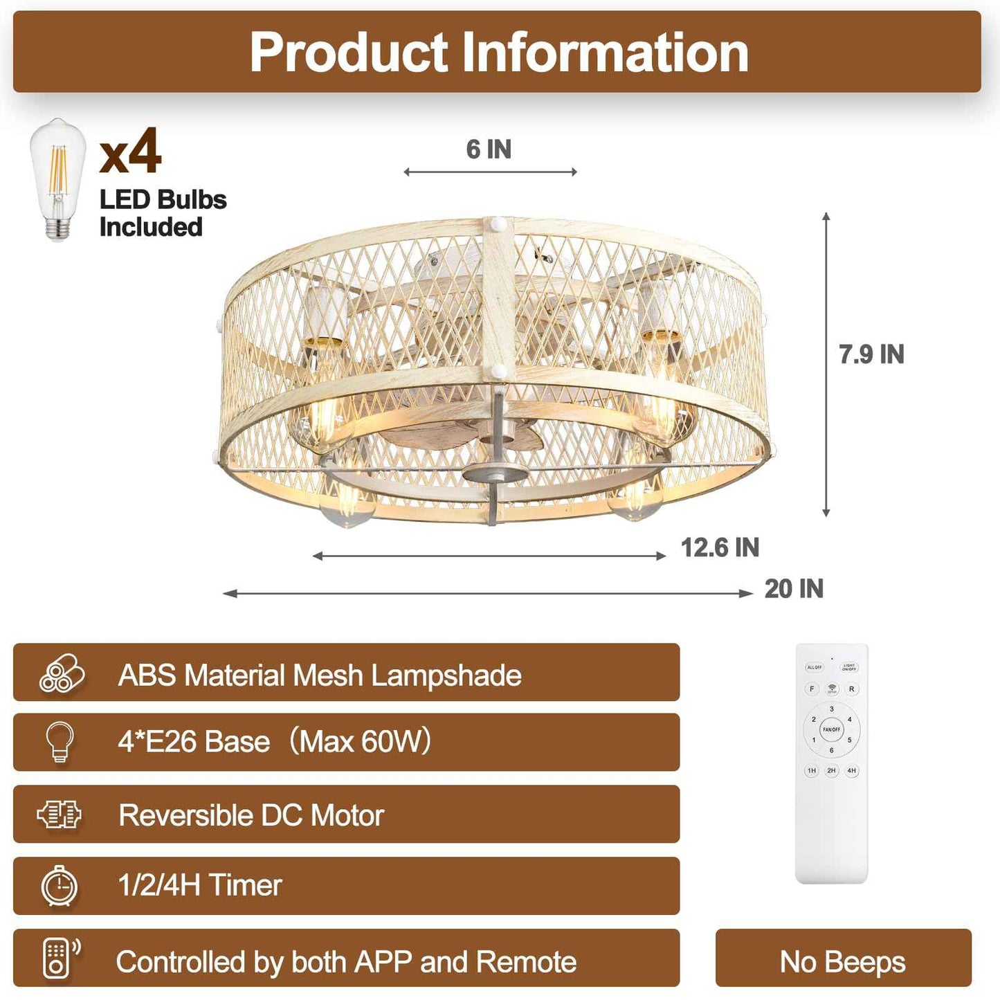 Depuley Cage Ceiling Fan with Light: Cement Flush Mount Ceiling Fans with Remote - 20in Rubbed Ceiling Fans Light Fixture for Dining Room - Rustic Reversible Farmhouse Fandelier for Bedroom Kitchen