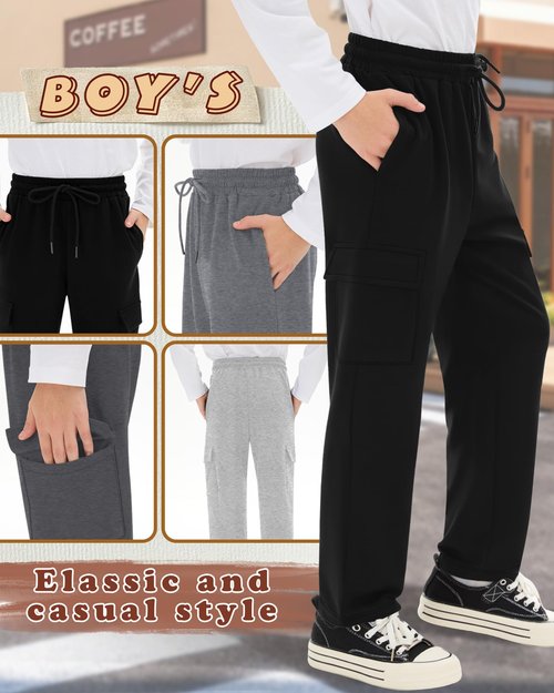 LessonZoo 4 Pack Boys' Cargo Sweatpants Elastic Drawstring Open Bottom Active Pants Casual Workout Joggers with 4 Pockets(Light Gray, Gray, Dark Gray, Black,X-Large)