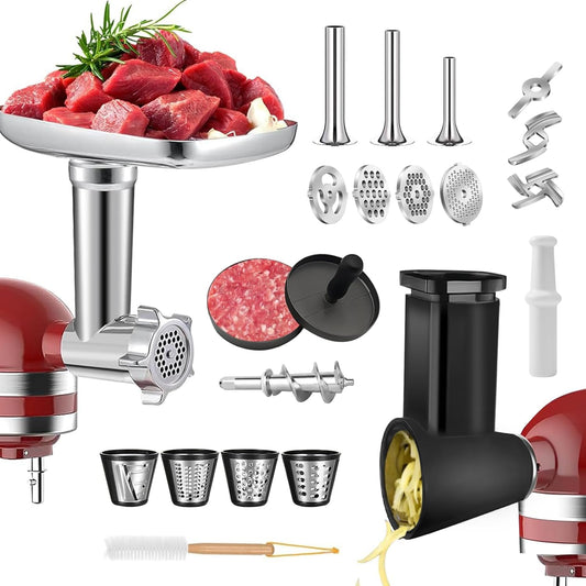KitchenAid Meat Grinder & Cheese Grater Attachment Set - 4 Plates, 3 Sausage Tubes, Shredder & Burger Press