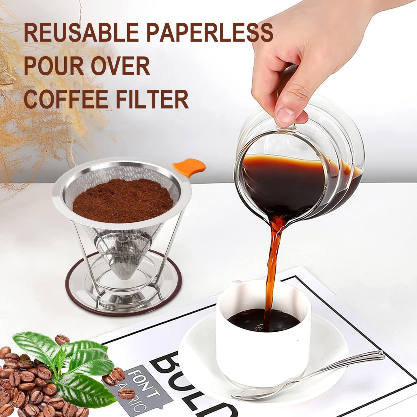 Pour Over Coffee Dripper, Stainless Steel Filter, Easy to Clean Paperless Pour Over Coffee Maker,Reusable Filter, Cone Dripper with Removable Cup Stand