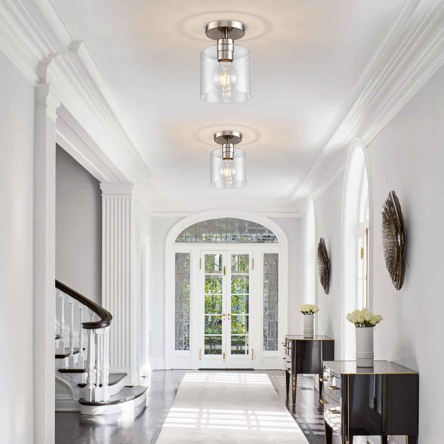 Brushed Nickel Semi Flush Mount Ceiling Light Fixture - Modern 2-Pack for Hallway & Entryway