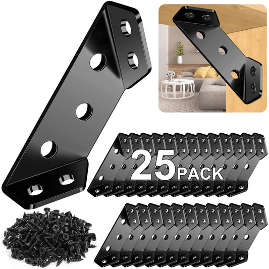 MAPVOLUT 25PCS Corner Brackets for Wood with 150 Screws, Premium Black Metal Furniture Corner Connector Shelf Brackets for Wood, Universal Size Sturdy Angle Bracket Corner Brace Strong Mounting