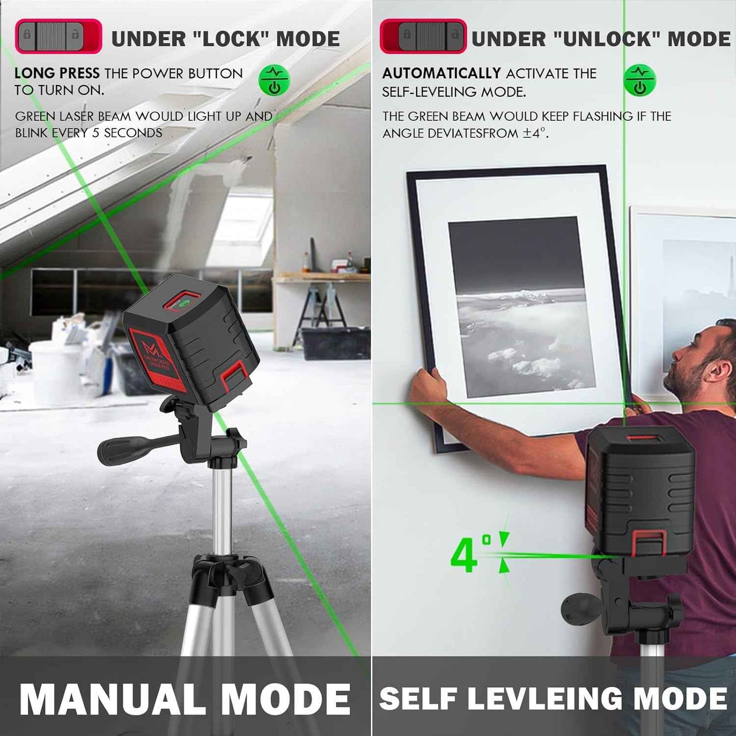 Green Laser Level with Tripod - 100ft Self-Leveling Cross Line, IP54 Waterproof, 4 Brightness Modes & Carrying Bag