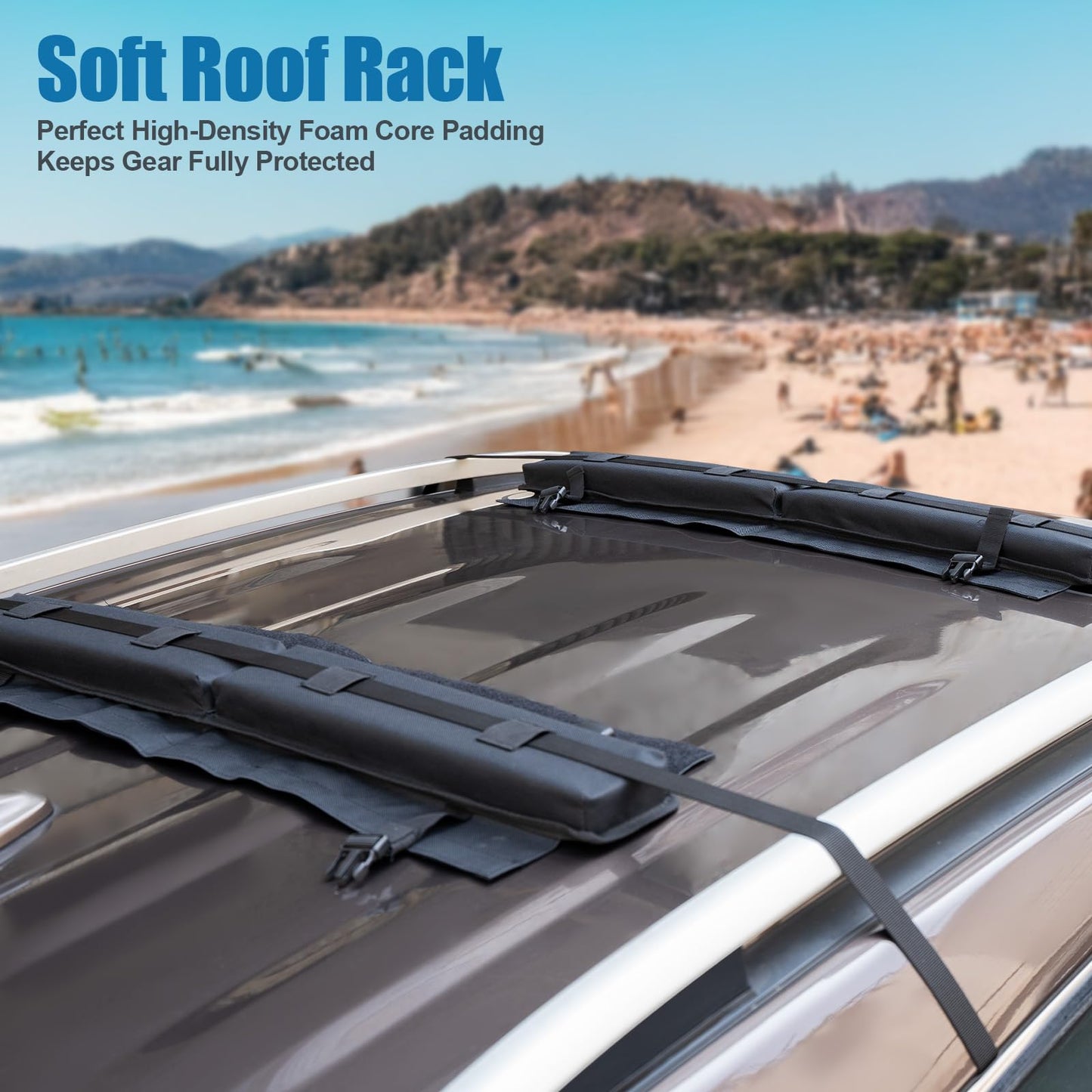ChimimeDecor Universal Soft Roof Rack Pads 30“ Luggage Carrier System for Kayak,Surfboard, SUP, Canoe, Snowboard with 2 Tie Down Straps, 2 Tie Down Ropes, 2 Hood Loops and Storage Bag(Black)