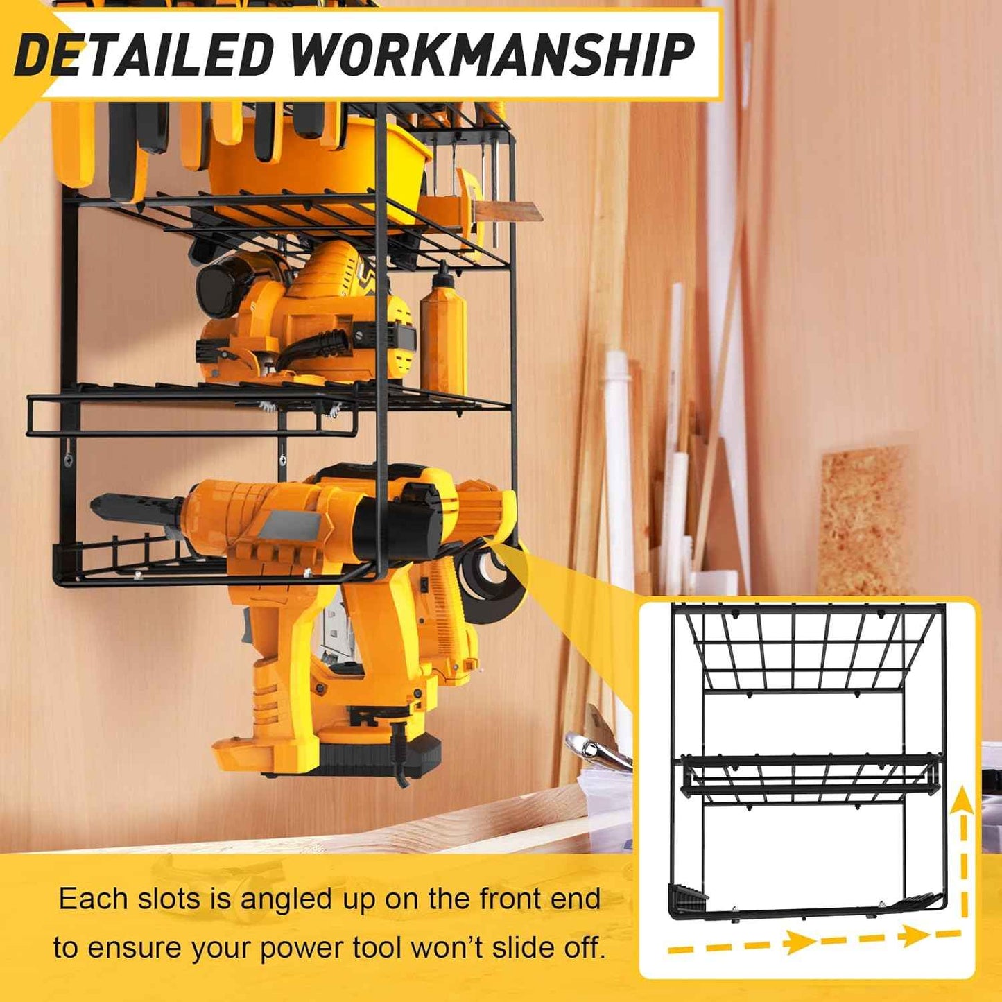 Heavy-Duty Wall-Mount Power Tool Organizer - 3 Extra Large Layers, 300lbs Capacity, 8 Cordless Drill Holders for Garage & Workshop