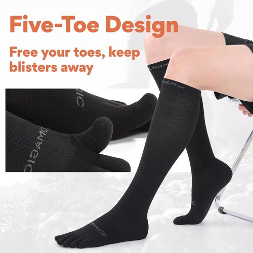aomagic Knee-High Toe Socks - Coolmax 5-Finger Athletic Hiking Socks, Anti-Blister & Moisture-Wicking, 3 Pairs/Black - Large