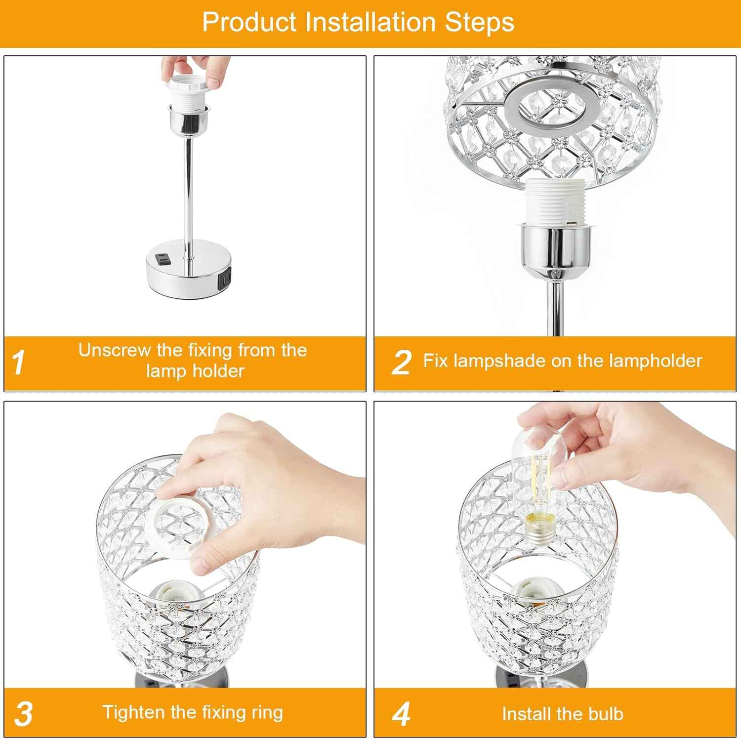 Dimmable Touch Control Crystal Table Lamp Set of 2 with USB-C & AC Ports - Elegant Nightstand Lighting for Bedroom & Living Room