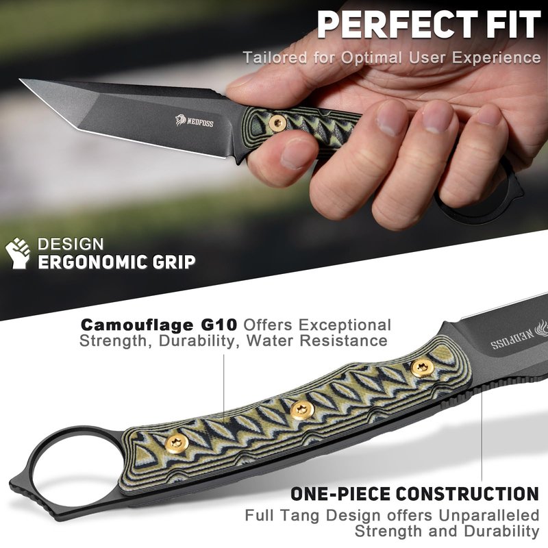 NedFoss PIONEER Small EDC Fixed Blade Knife - 3.4" Full Tang 14C28N Steel Tanto Blade, G10 Handle w/Kydex Sheath, Horizontal Carry for Camping & Tactical EDC Knife