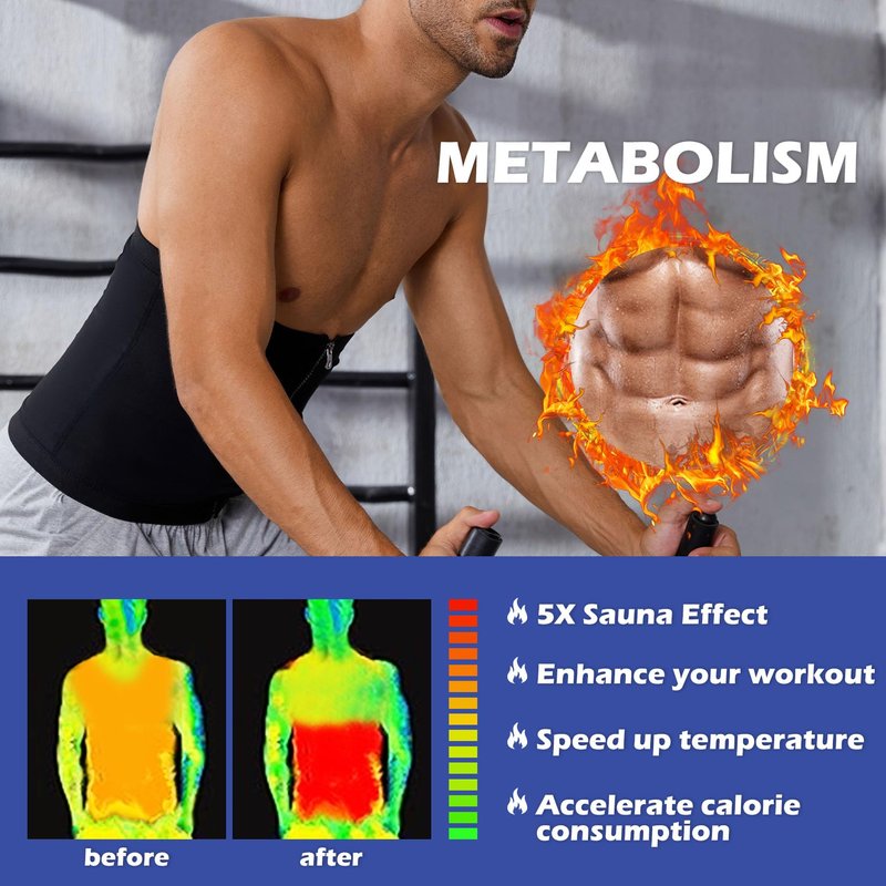 MISS MOLY Waist Trainer for Men Sauna Sweat Belt Waist Trimmer Wrap Toner Slimming Zipper Belly Suit Workout Enhancer Black M
