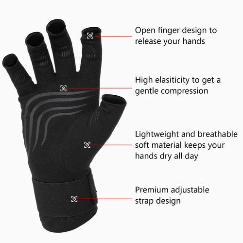 Duerer Arthritis Compression Gloves with Straps, Women Men for RSI, Carpal Tunnel, Rheumatoid, Tendonitis, Hand Pain, Hand Support. Fingerless Gloves for Computer Typing and Daily work (Black, M)