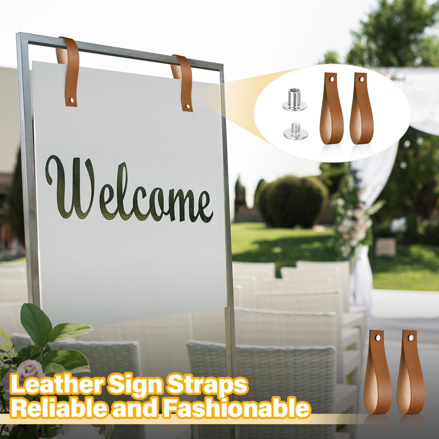 Vercraft 4 Pcs Faux Leather Sign Straps for Hanging Sign Faux Leather Curtain Rod Holder Straps Hanger for Engagement Wedding Welcome Event Display Seating Chart Ceremony Frame(Brown)