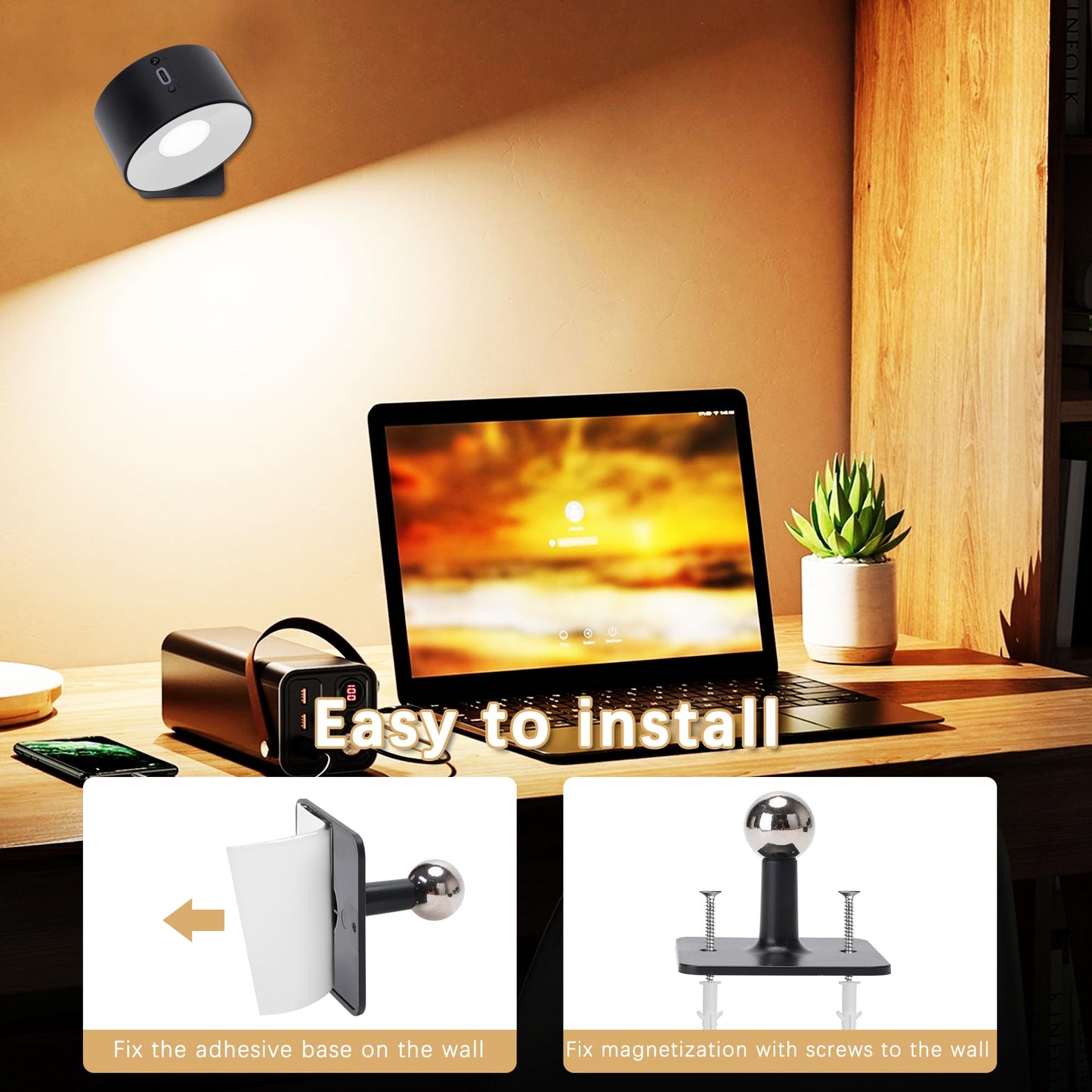 Rihvy Rechargeable Wall Lights for Bedroom with Remote, 3000mAh Wireless Battery Operated Wall Sconce 3 Color Temperatures, Dimmable Magnetic 360°Rotation Picture Lights for Wall Reading Bedside(2pcs)