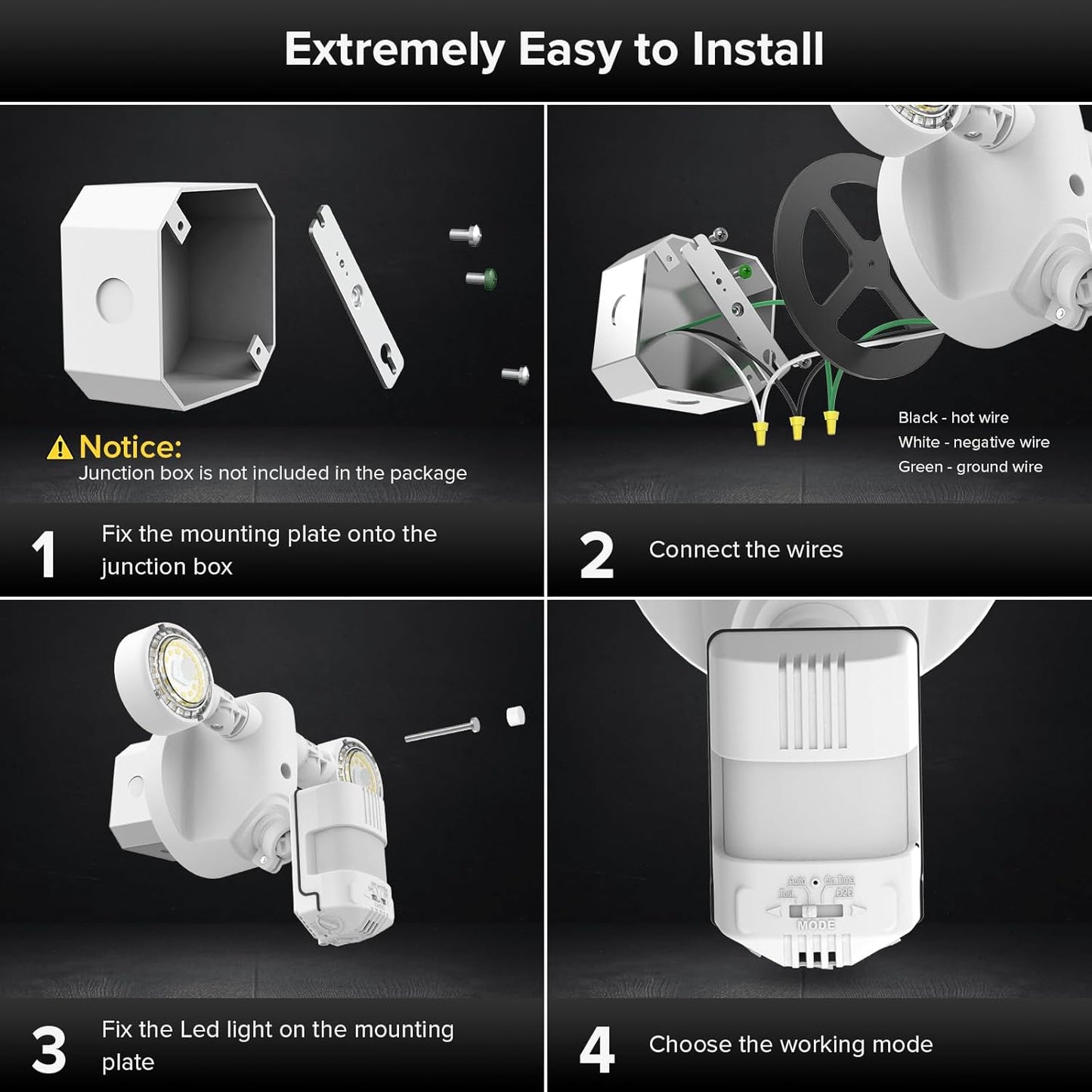 25W Motion Sensor Outdoor Flood Light - 3000LM Dusk to Dawn Security Light, 4 Modes, 320° Wide Angle for Garage & Patio