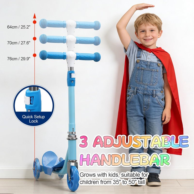 Scooters for Kids 3-5 Years Age 3-Wheel Light Up Scooter with Flexible Steer & 3-Adjustable Height for Boys Girls Outdoor Indoor Recreational Transport Blue Pink Orange