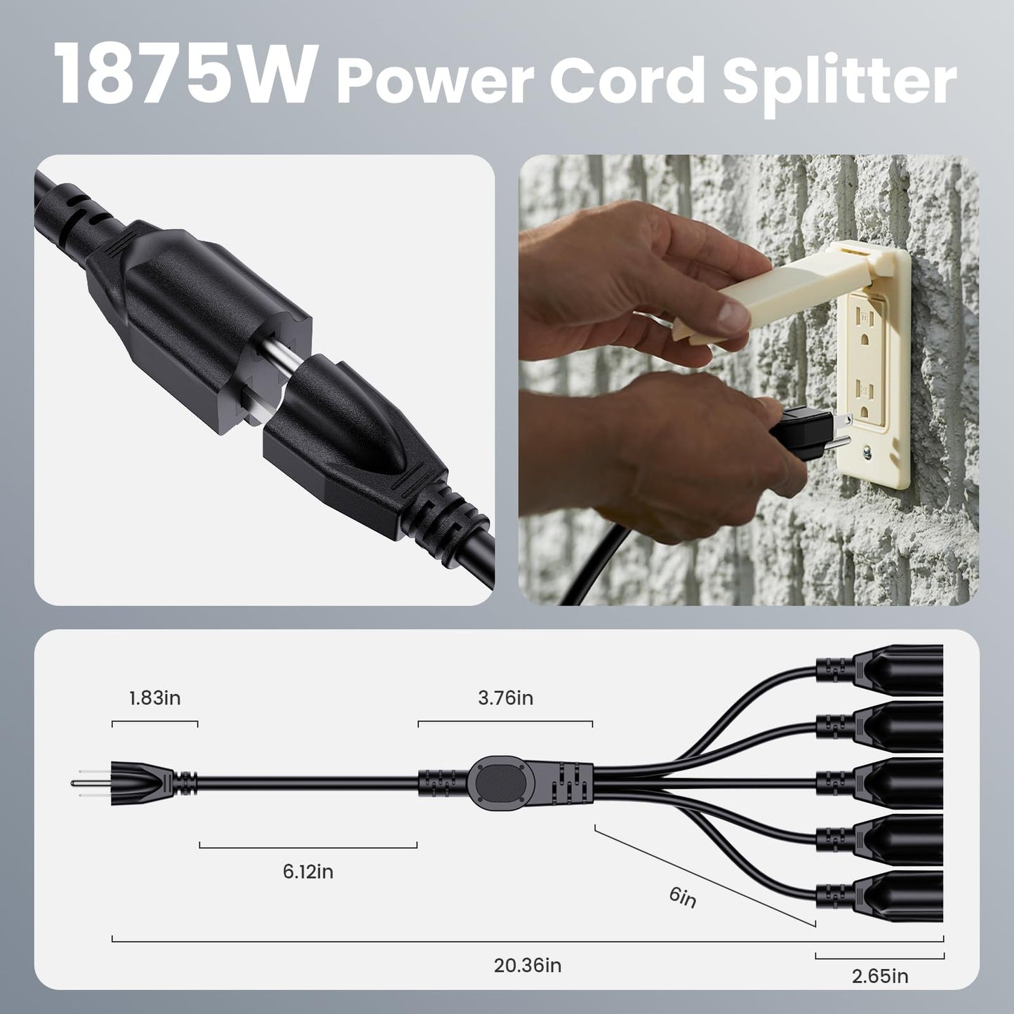 Extension Cord with 1 to 5 Splitter 16 AWG 13A 1625W 20 Inch Black 2 Pack | Outdoor Y-Style SJTW Cord NEMA 5-15P to 5-15R