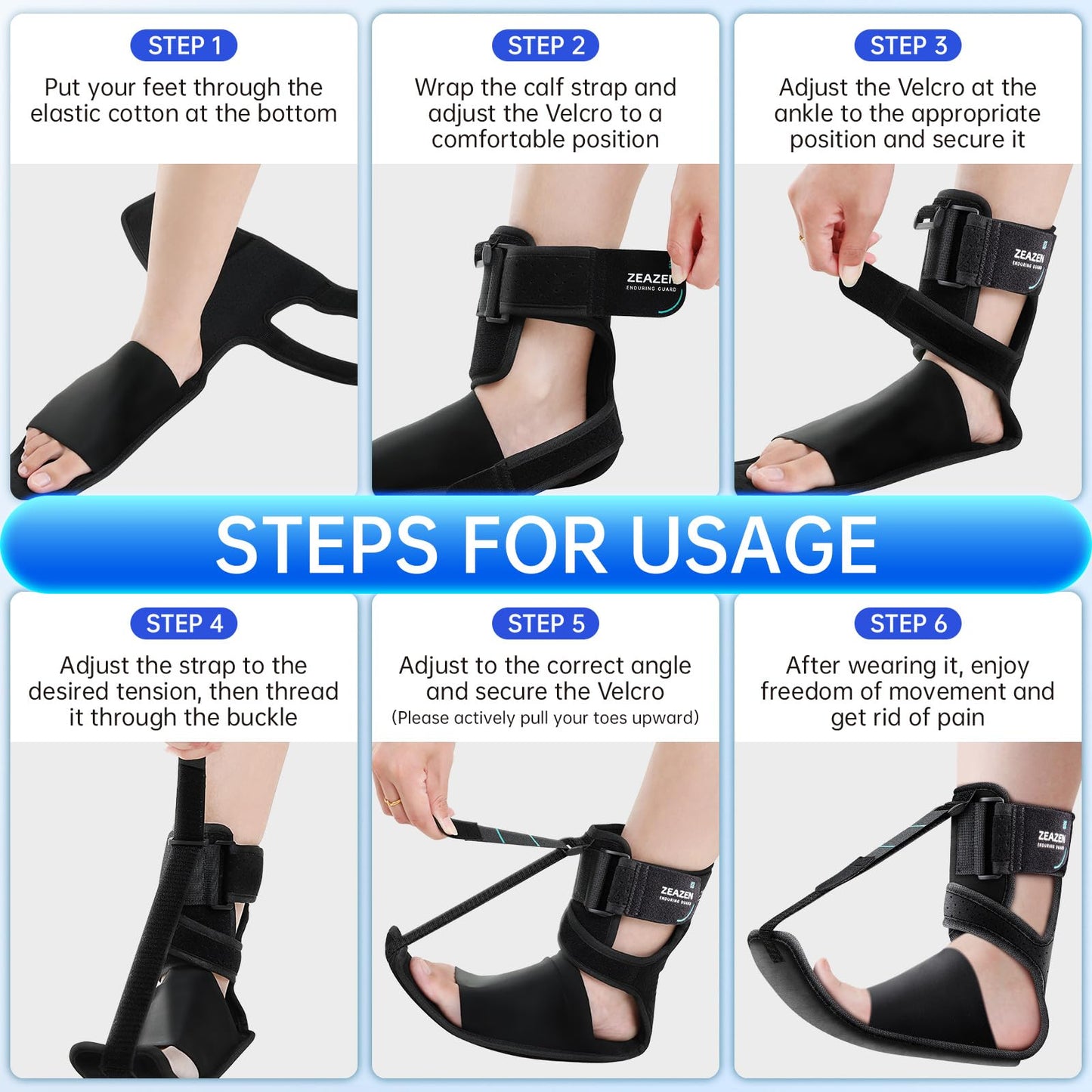 ZEAZEN Plantar Fasciitis Brace Night Splint, Adjustable Foot Support for Heel Spur, Foot Drop & Achilles Tendonitis Relief, Comfortable Day & Night Use for Men and Women (Black, Large)