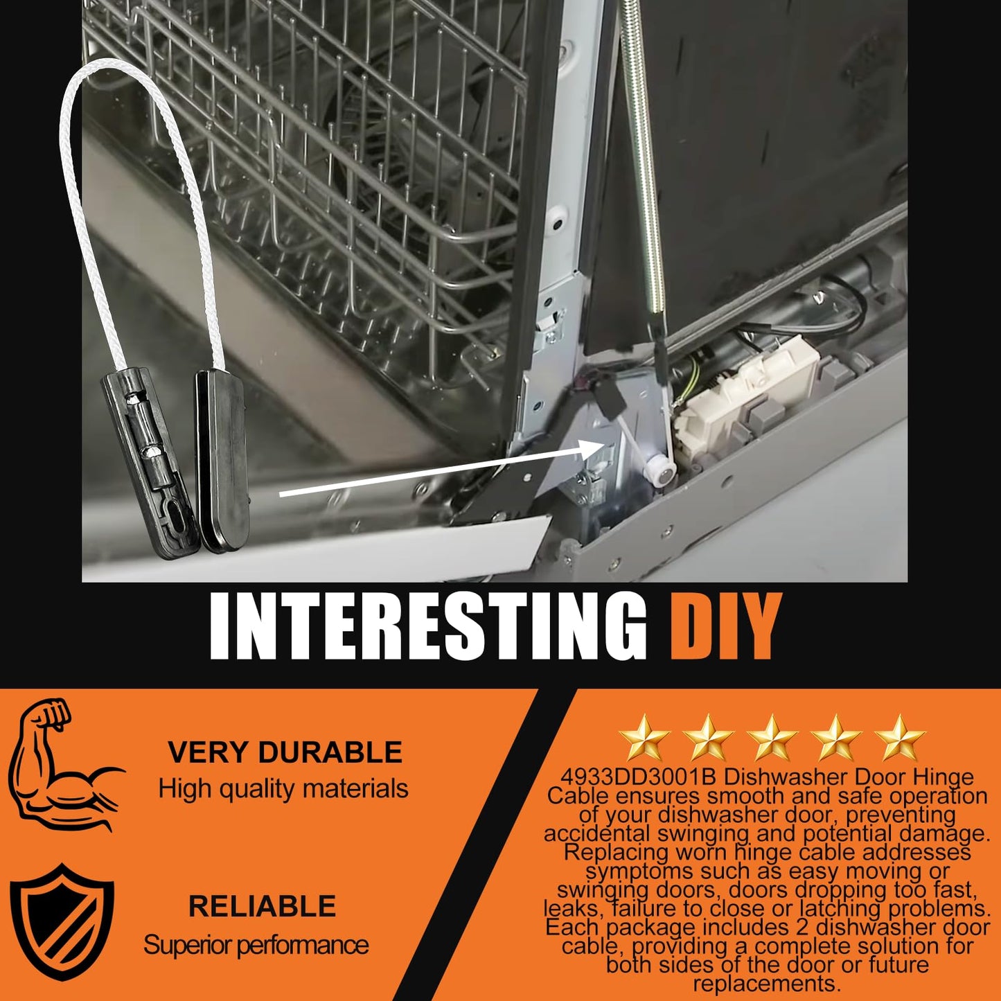 Upgrade 4933DD3001B Dishwasher Door Hinge Cable Assembly Completely Suitable for LG Dishwasher LDF7774ST LDF6920ST LDF6920BB LDF7551ST Replace 4933DD3001A PS3524406 AP4511304, 2 Pack
