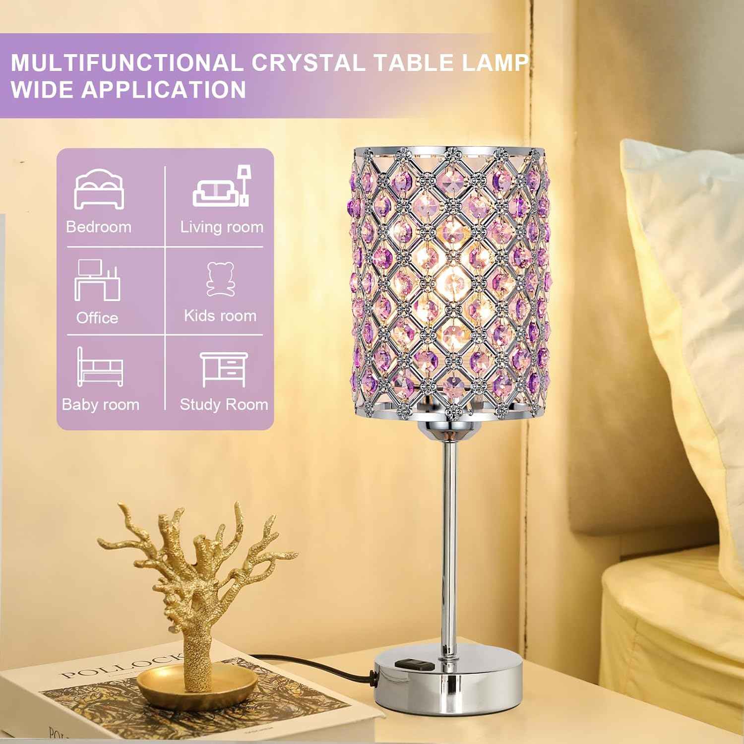 Dimmable Touch Control Crystal Table Lamp Set of 2 with USB-C & AC Ports - Elegant Nightstand Lighting for Bedroom & Living Room