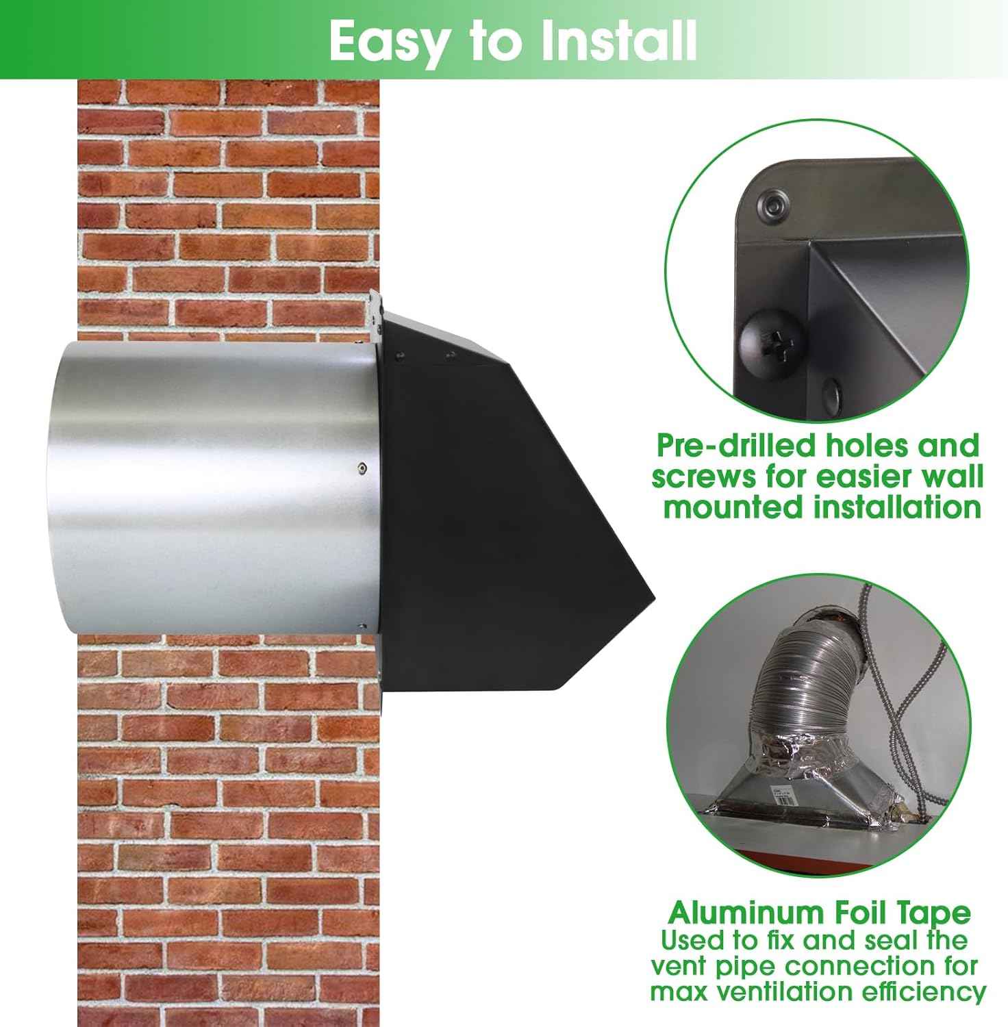 5-Inch Exterior Dryer Vent Cover with Screen & Damper - Galvanized Steel, Black