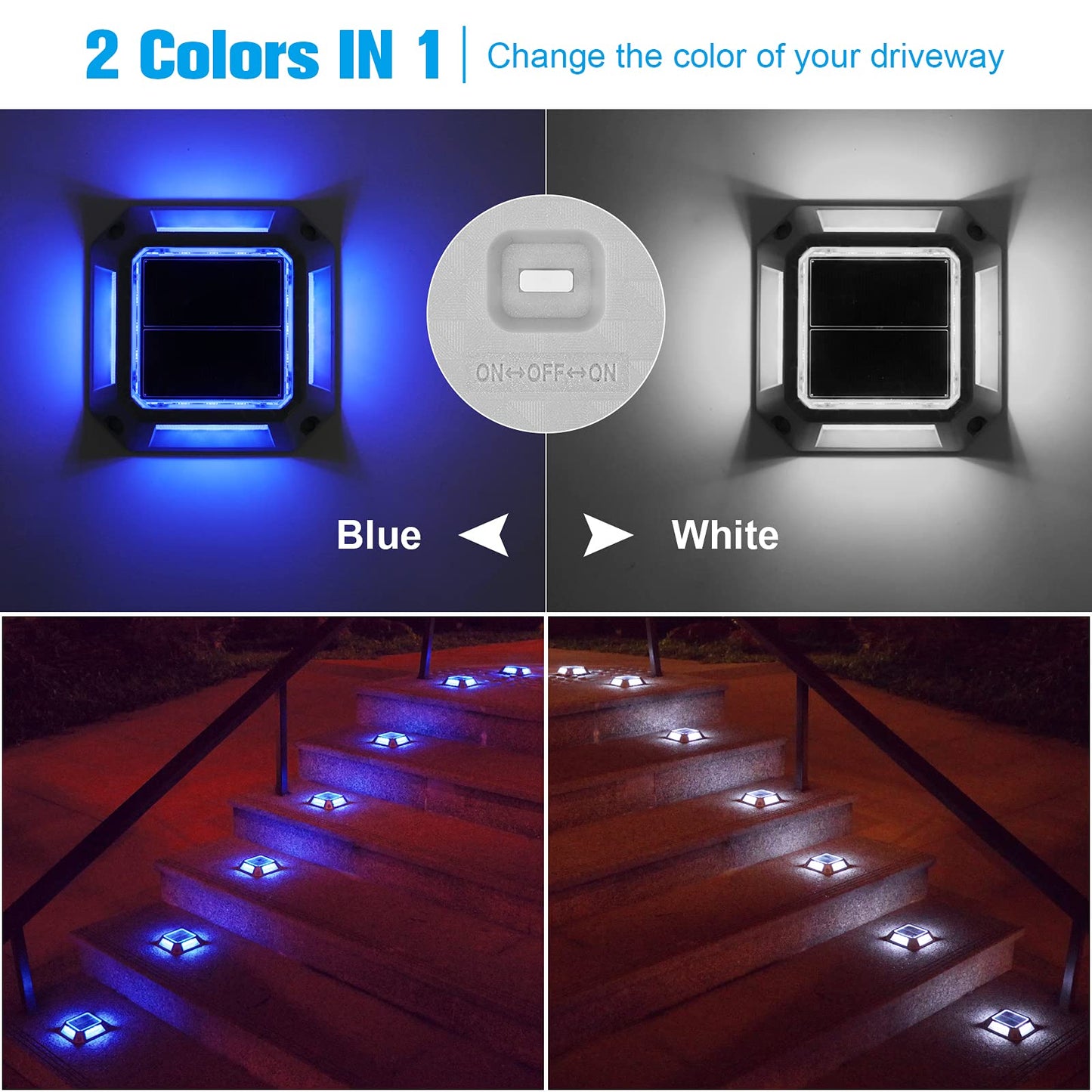 VOLISUN Solar Driveway Lights Dock Deck Lights 8-Pack,2 Colors in 1,Solar Powered 1200mAh Battery,Waterproof Outdoor Warning Step Light for Driveway Sidewalk(2 Colors Lighting,White/Blue)