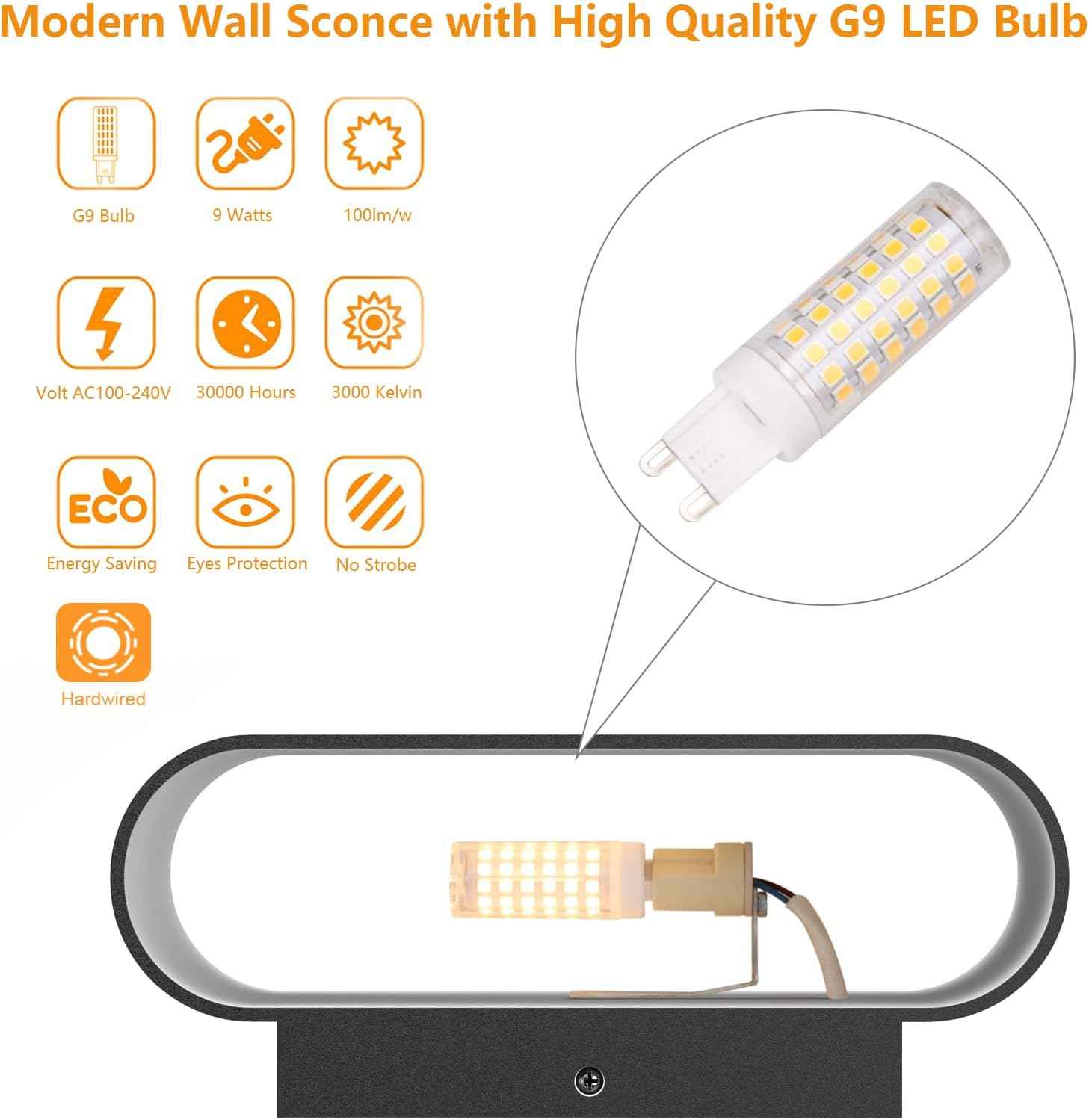 Modern Black LED Wall Sconces Set of 2 - Hardwired Up & Down Indoor Lights for Living Room, Bedroom, Hallway - Warm White 3000K (Includes G9 Bulbs)