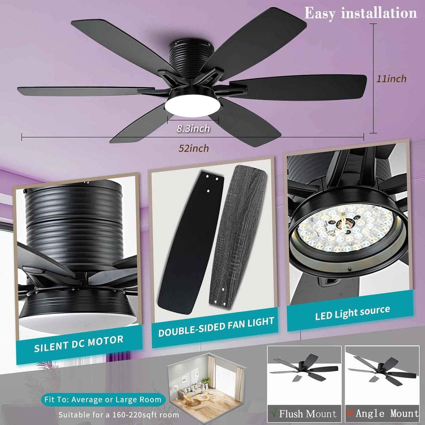 52-Inch Black Ceiling Fan with Lights & Remote Control - Modern Low Profile LED/RGB Dimmable Flush Mount for Bedroom