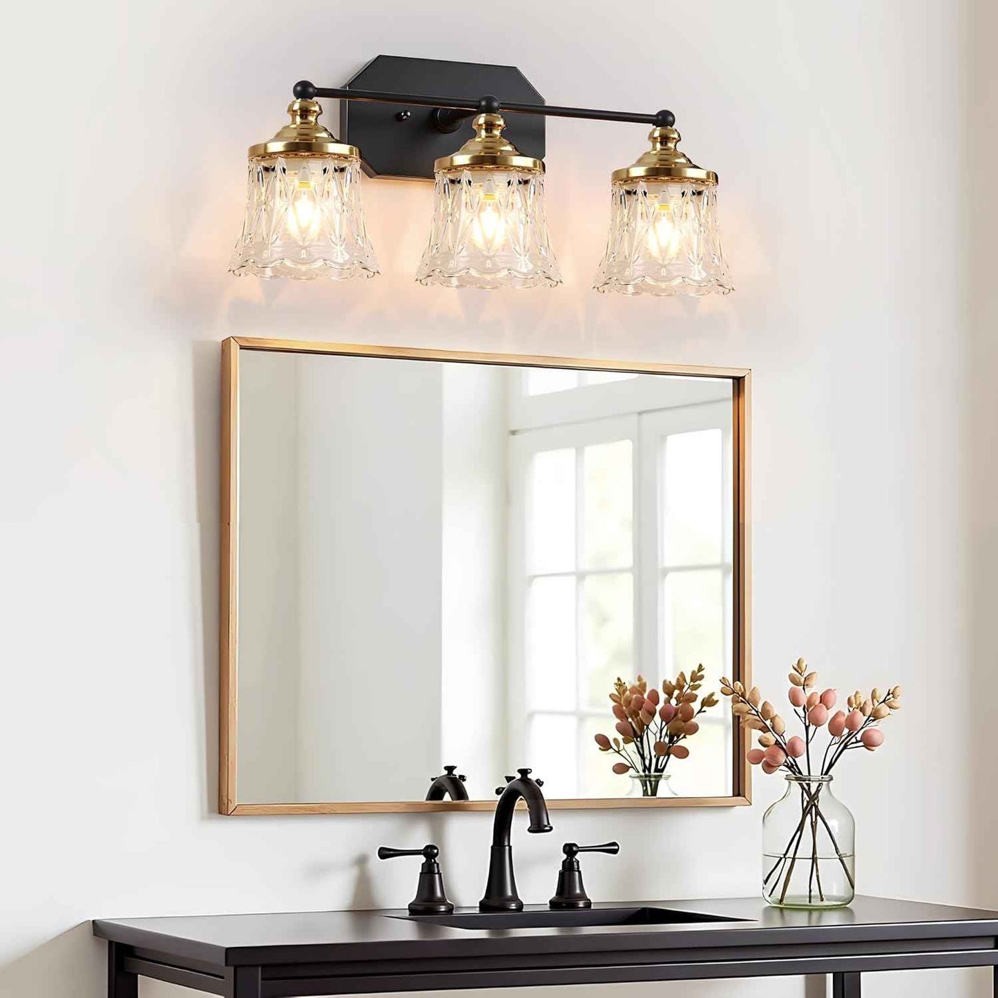 3-Light Vintage Bathroom Vanity Light Fixture - Black & Gold Antique Design with Crystal Glass Shade