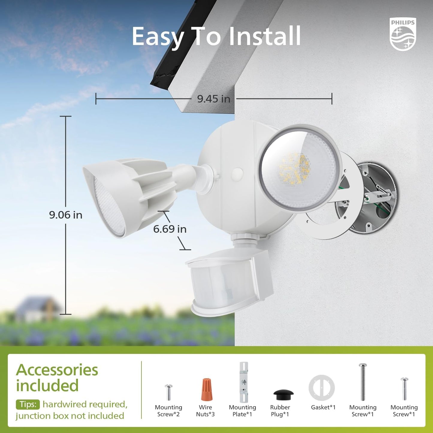 Philips 44W LED Outdoor Security Light with PIR Motion Sensor - 4200 lm, 5000K, Waterproof, Dusk to Dawn, Dual Heads