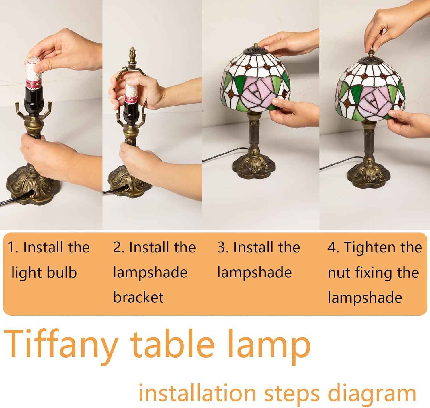 Tiffany Table Lamp - 8 Inch Antique Stained Glass, 3 Color Temperatures, Handcrafted for Bedroom & Living Room