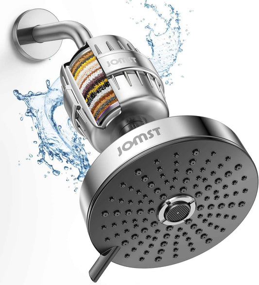 Chrome Shower Head & Filter Combo - 25-Stage Filtration, Anti-Chlorine, Boosts Pressure