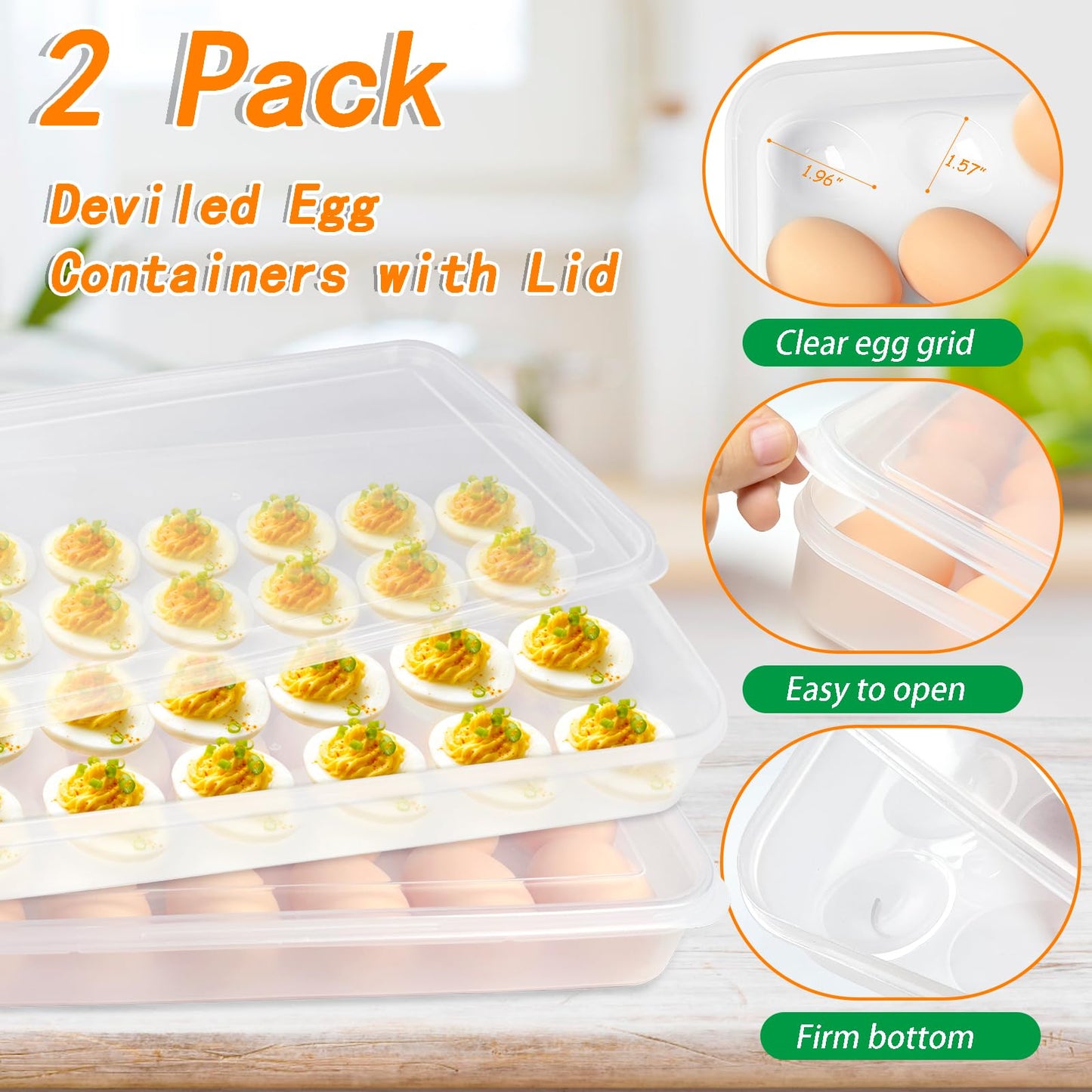 Qyyiguf 2 Pack Deviled Egg Containers with Lid,Clear Portable Storage Carrier Egg Holder,Stackable Plastic Egg Tray Carrier for Fridge,Kitchen,Keep Fresh(48 Eggs)