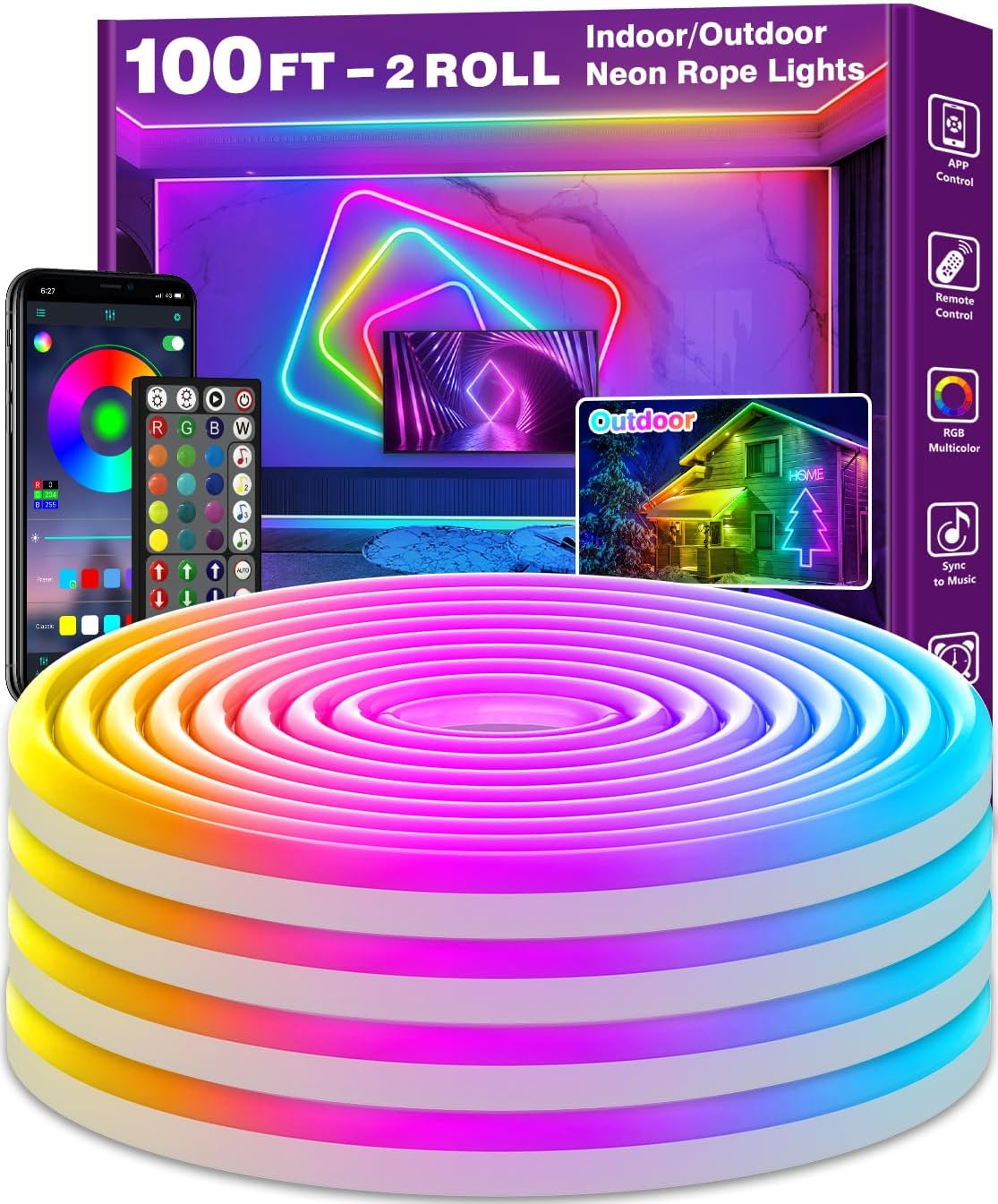 50FT LED Neon Rope Lights - App/Remote Control, Waterproof RGB Strip for Outdoor & Bedroom Decor, Music Sync & Multiple Modes
