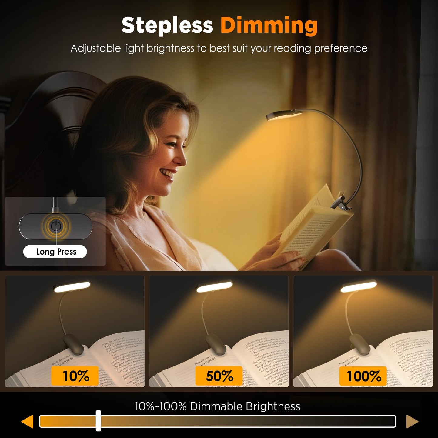TATAANTY Book Light for Reading at Night- Eye Caring 3 Color Modes&Stepless Dimming LED Book Reading Light,Rechargeable 70 Hrs Lasting Runtime Lightweight Clip-on Book Light for Book Lovers,Deep Black