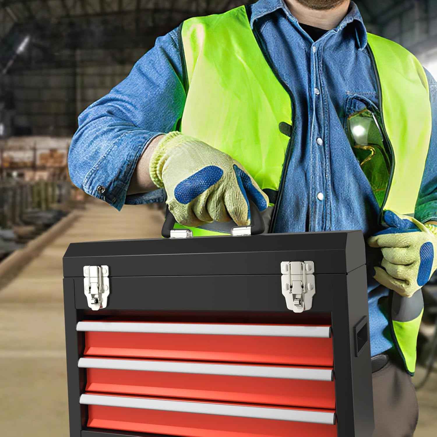 Portable Pink 3-Drawer Steel Tool Box with Locking System for Tool Storage