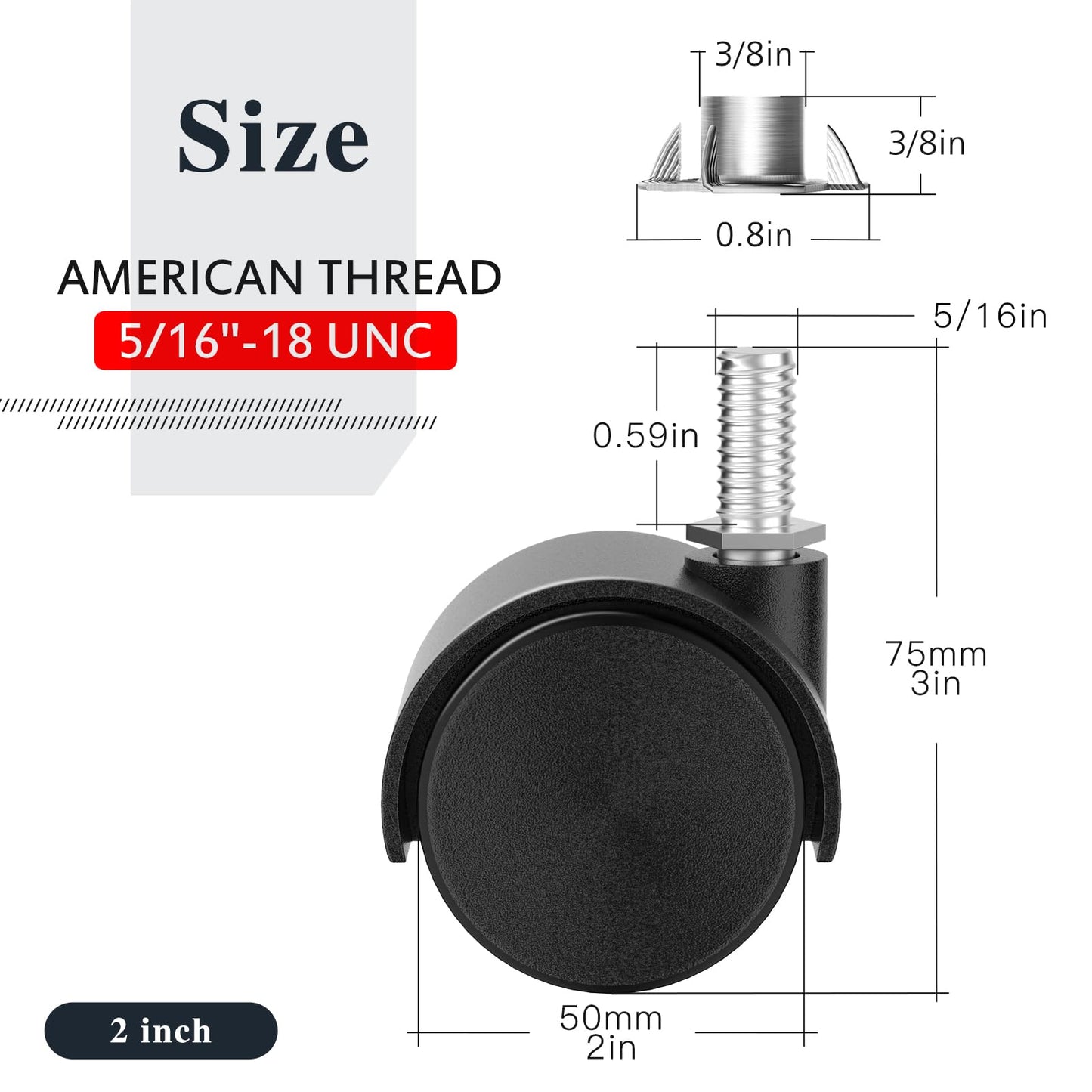 ANDUTEES 2 Inch Furniture Stem Casters Set of 4, Threaded Stem Diameter 5/16" Plastic Caster Wheels, Black Swivel Small Castors with T-Nuts, for Table, Cabinet, Storage Rack