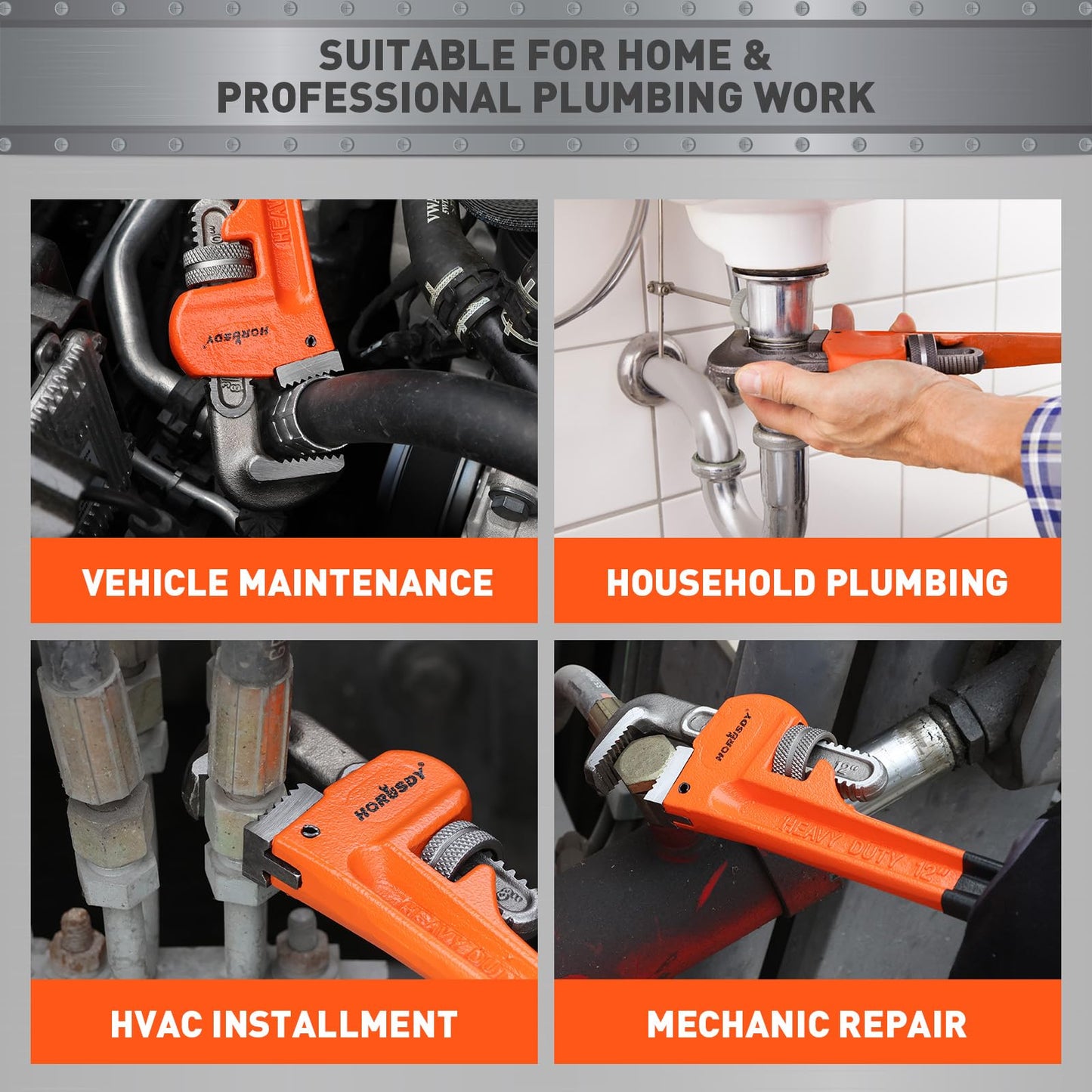 HORUSDY 8-Inch Heavy Duty Straight Pipe Wrench, Quick-Adjust Sturdy Plumbers Wrench with Soft Grip Handle, Straight Jaw Plumbing Tool for Pipe, Household Use, Vehicle Repair