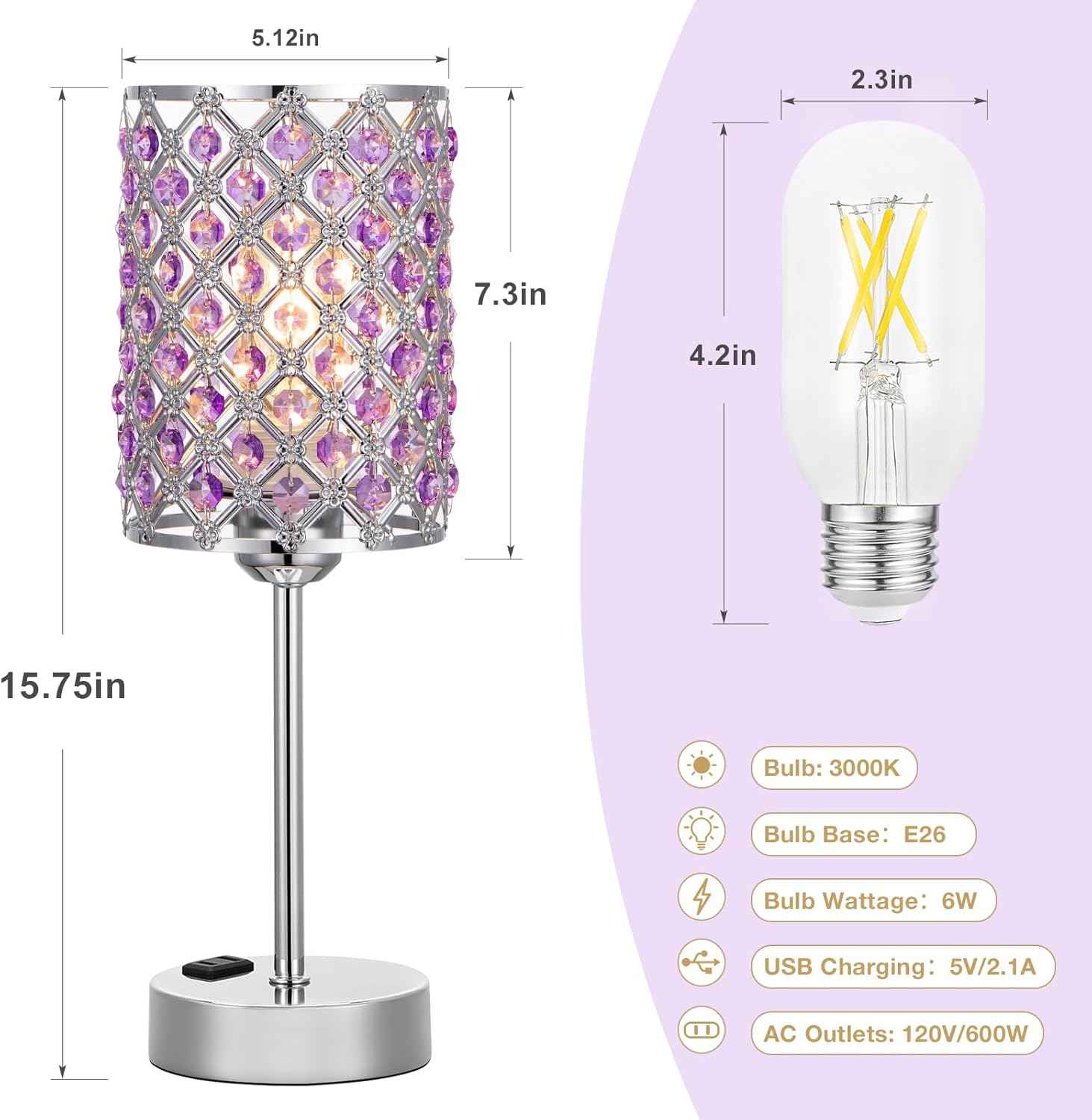 Dimmable Touch Control Crystal Table Lamp Set of 2 with USB-C & AC Ports - Elegant Nightstand Lighting for Bedroom & Living Room