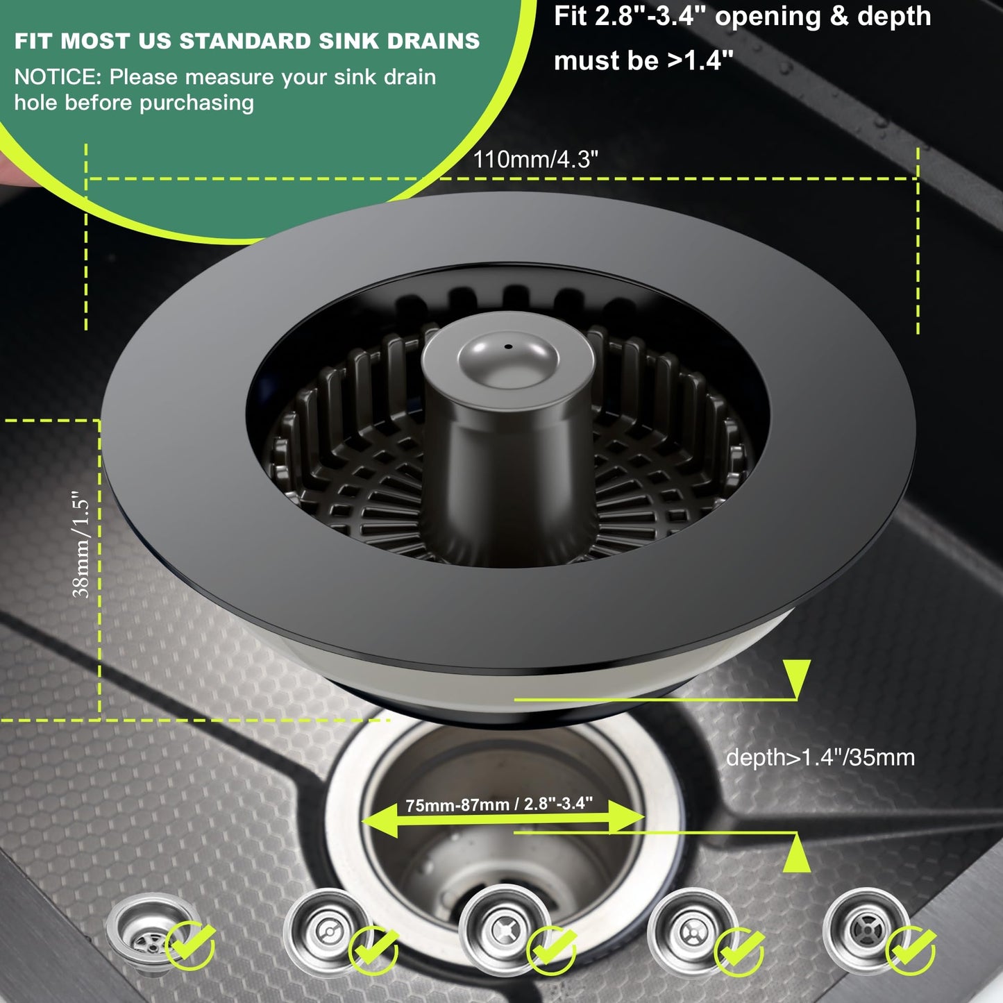 Sink Drain Strainer, 3 in 1 Kitchen Sink Drain Strainer, Kitchen Sink Stopper, Sink Drain Stopper, Sink Strainer with an Extra Anti-Clog Basket for US Standard 3-1/2'' Sink Hole, Brass Material Black