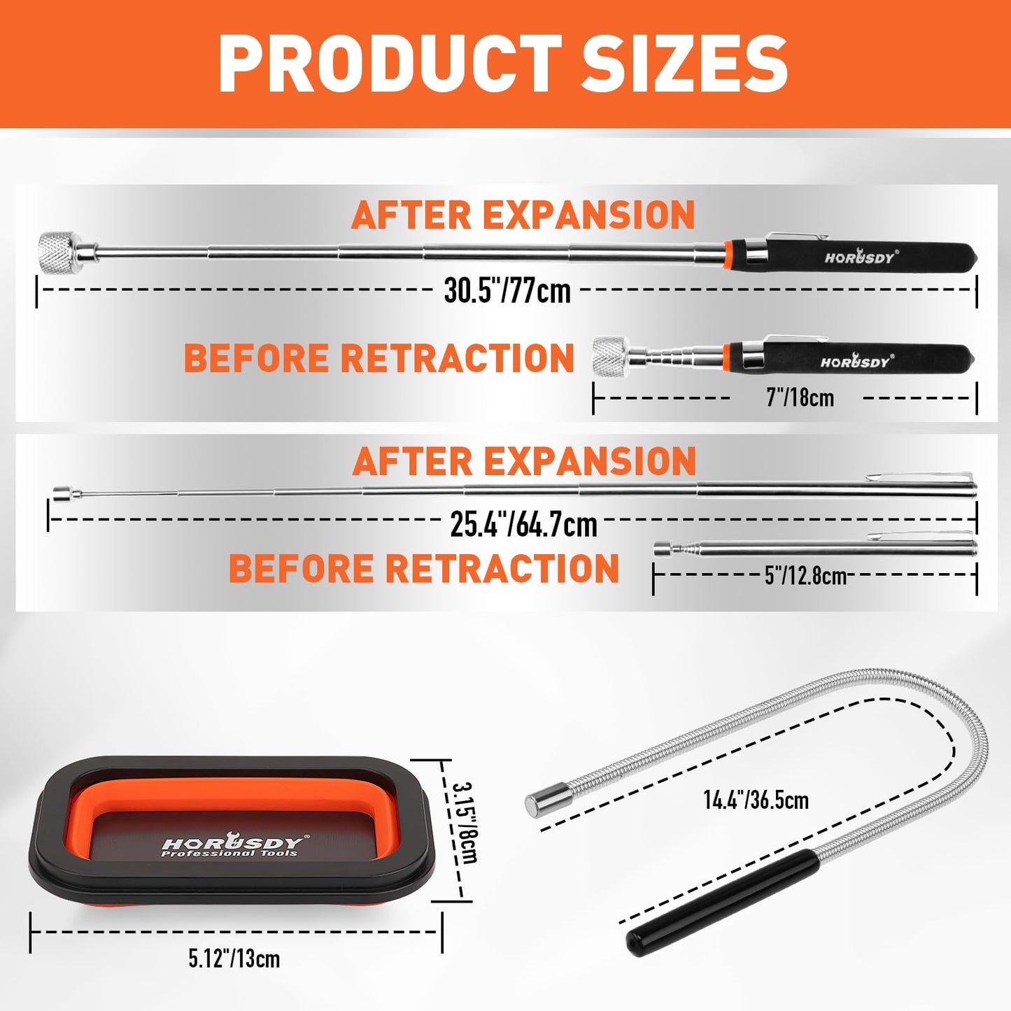 HORUSDY 4 - PIECE Magnetic Pickup Tools Kit | Extendable Telescoping Magnet Pick Up Tool Set 7-30.5” & 5-25” | Bend-It Flexible Magnetic Sweeper | Collapsible Parts Tray for Garage Workshop Yard