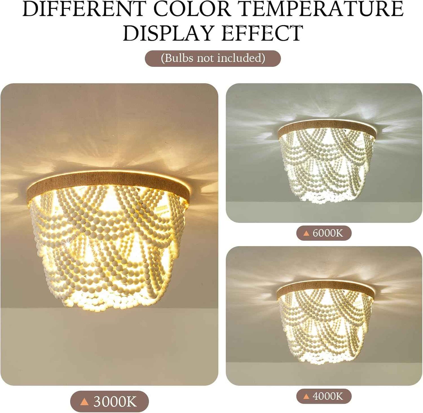 2-Tier White Boho Mini Chandelier - Wood Beaded Flush Mount Ceiling Light for Bedroom, Hallway, Nursery & More