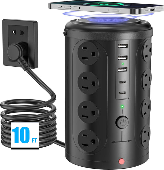 15W Wireless Charging Surge Protector Power Strip with 16 AC Outlets & 5 USB Ports - Desk Charging Station for Home, Office & Dorm Room (10FT)