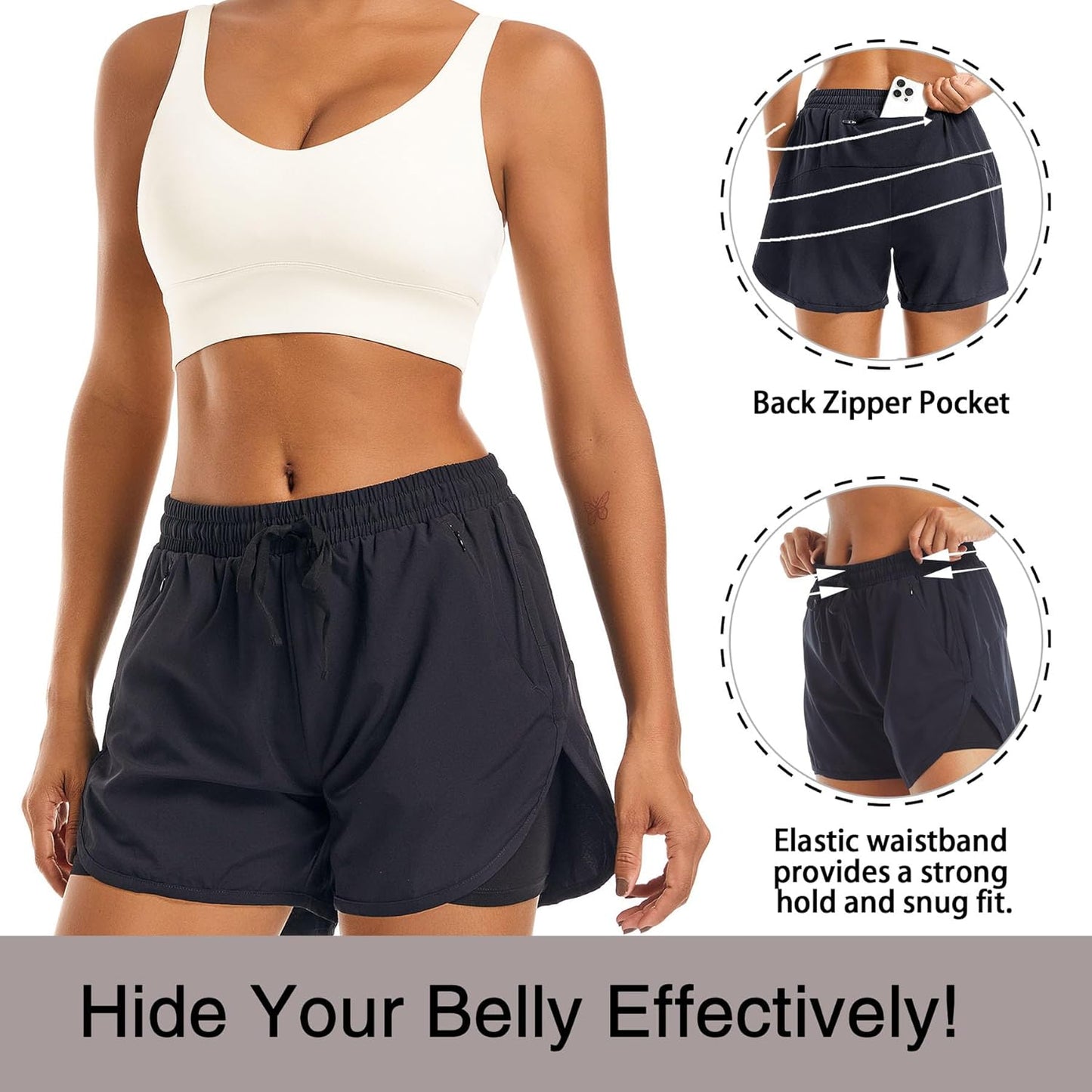 Skiennix Women's 2-in-1 High Waisted Athletic Running Shorts - Comfy Liner & Zipper Pockets