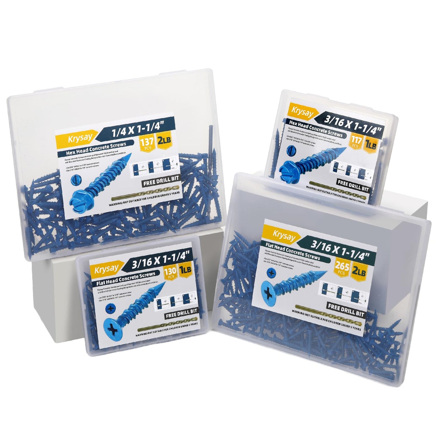 Krysay 53Pcs 1/4 x 1-3/4 in Concrete Screws with Drill bits,Masonry Screws for Concrete Assortment Kit,Hex Head Block Cement Stacoo Screws and Anchors,Diamond Point,Blue Coated(1LB)
