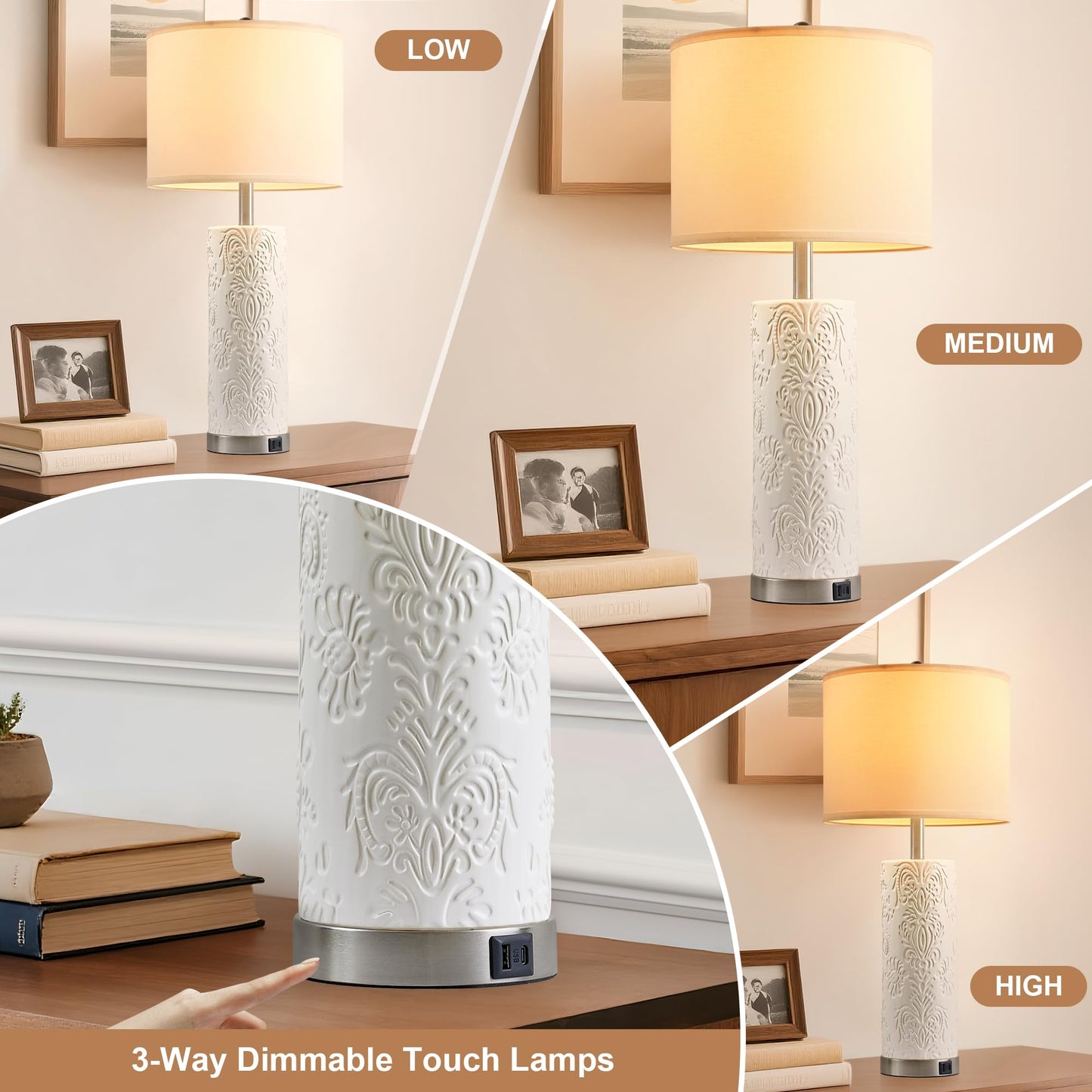 SRJJA 28" Modern White Ceramic Table Lamps Set of 2 for Living Room, Farmhouse 3-Way Dimmable Touch Bedside Lamps with USB A+C Ports for Bedroom Nightstand, 2 Bulbs Included