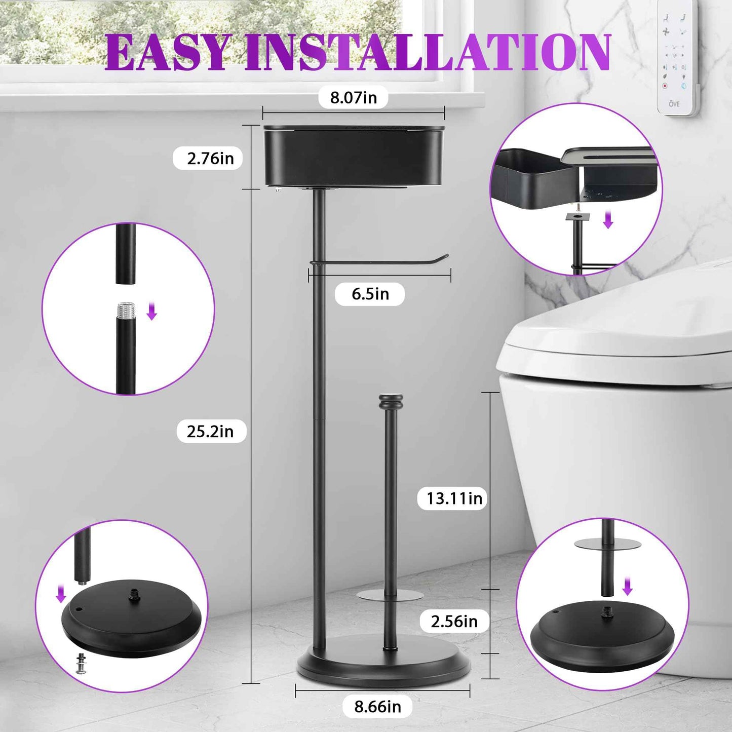 Toilet Paper Holder Stand Black, Free Standing Toilet Paper Holder with Shelf, Rustproof Toilet Paper Stand with Storage, Large Capacity Toilet Tissue Holder for Bathroom, Stainless Steel