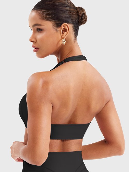 YEOREO Women Halter Sports Bra Light Support V Neck Padded Strappy Open Back Workout Gym Tops Black M