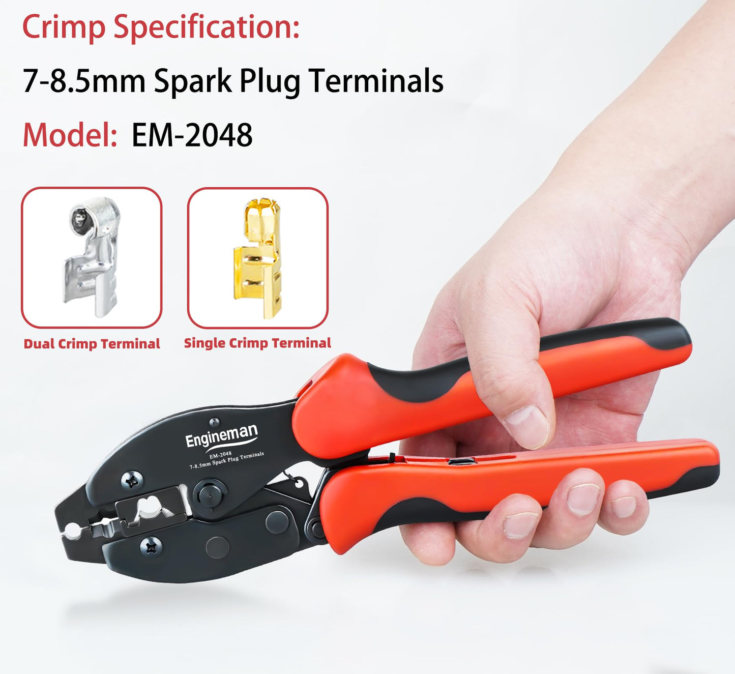 ENGINEMAN Spark Plug Wire Crimper, Crimping Pliers for Spark Plug Stripping Tool, EM-2048 for Crimping and Stripping Spark Plug Wire, Dia 7.0-8.5mm, Ratchet spark plug wire crimping tool