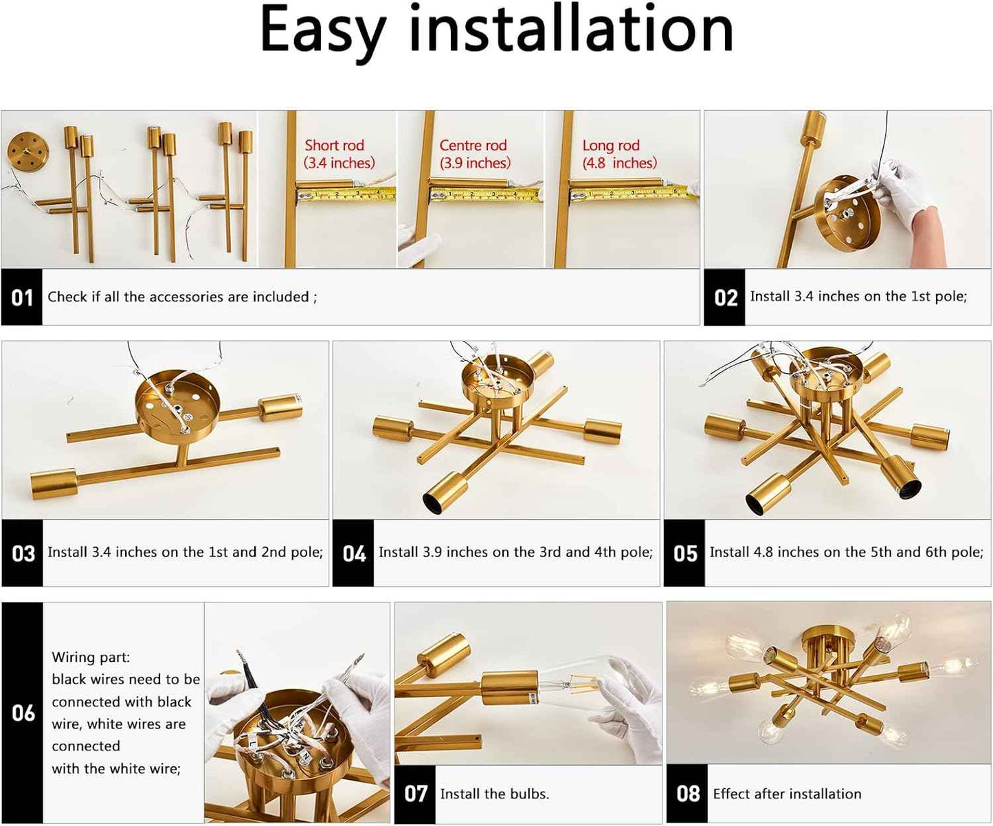 Gold Modern 6-Light Semi Flush Mount Ceiling Light Fixture - Vintage Sputnik Chandelier for Kitchen, Dining & Living Room
