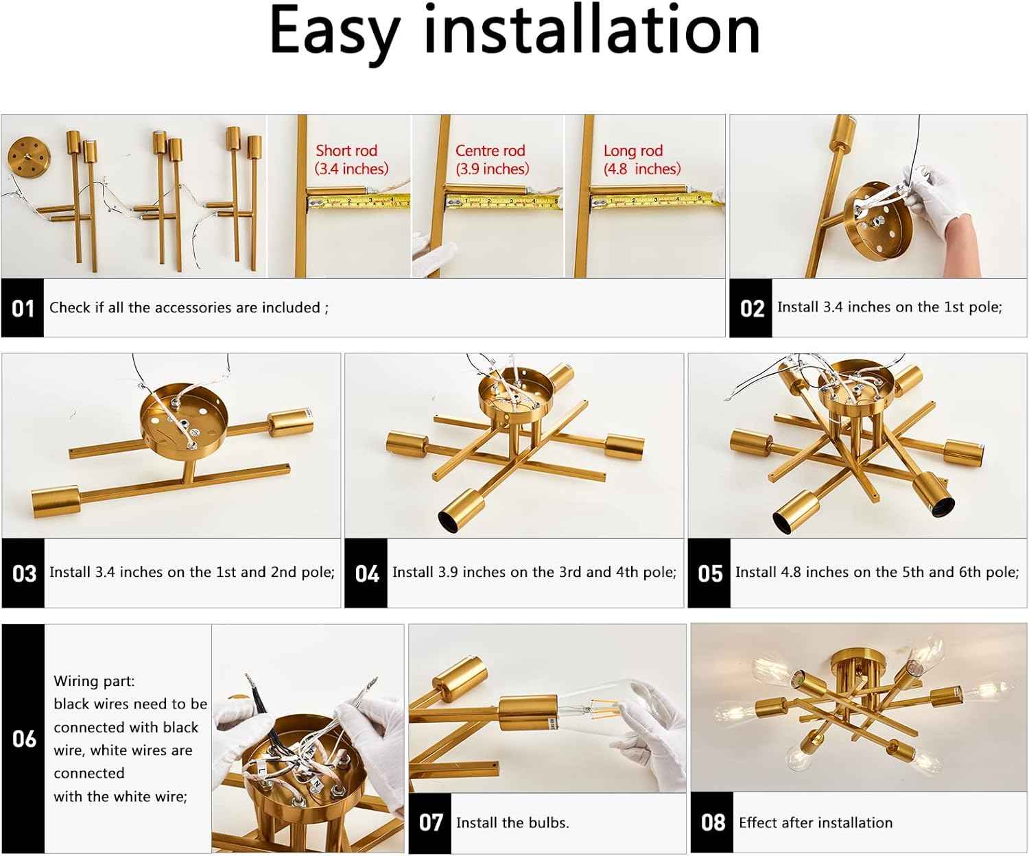 Gold Modern 6-Light Semi Flush Mount Ceiling Light Fixture - Vintage Sputnik Chandelier for Kitchen, Dining & Living Room