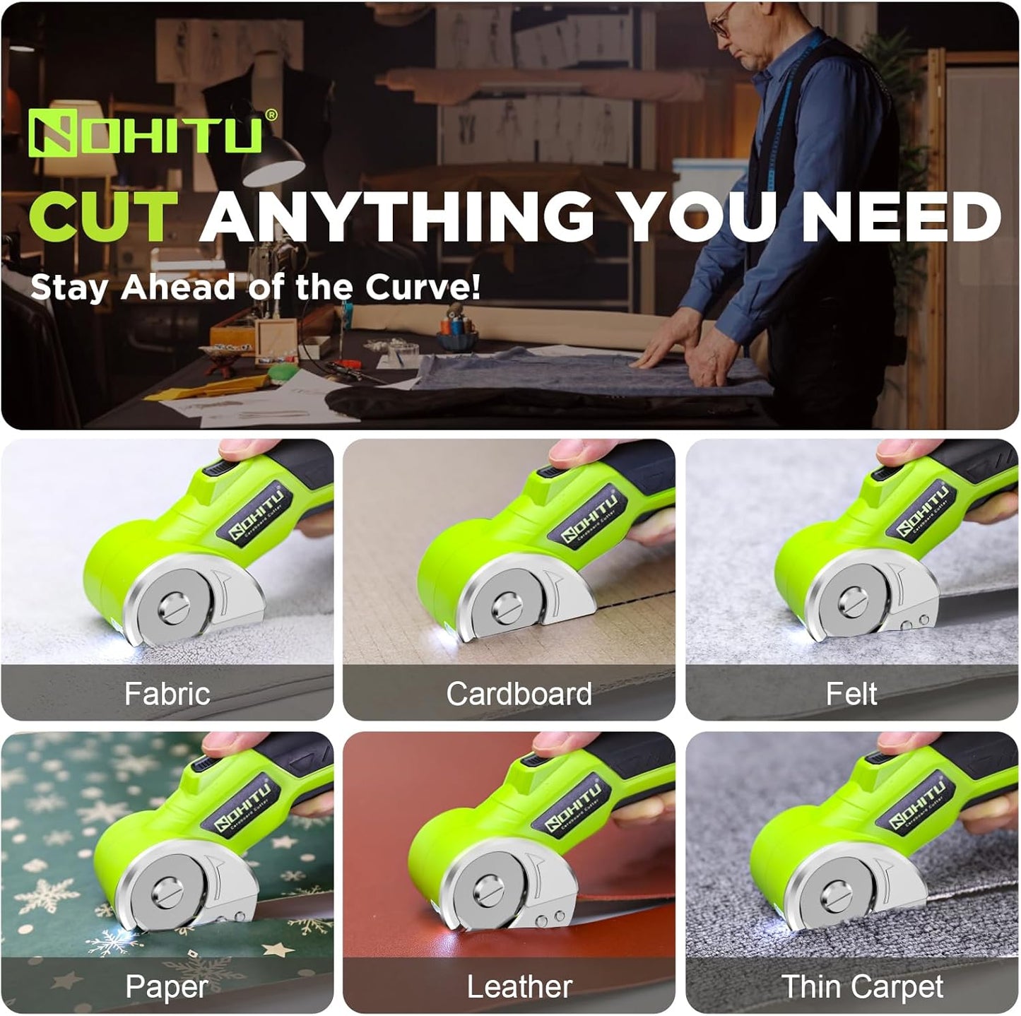 Rechargeable Cordless Electric Scissors - 4V Rotary Cutter with LED Light & 2 Blades for Fabric, Cardboard, and Plastic